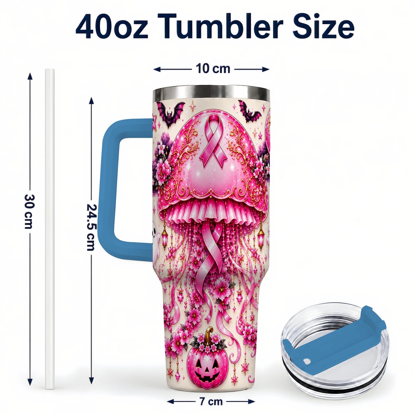 #pl[40oz|Blue] Pink Ribbon 40oz Tumbler with Handle, Halloween Stainless Steel Travel Cup