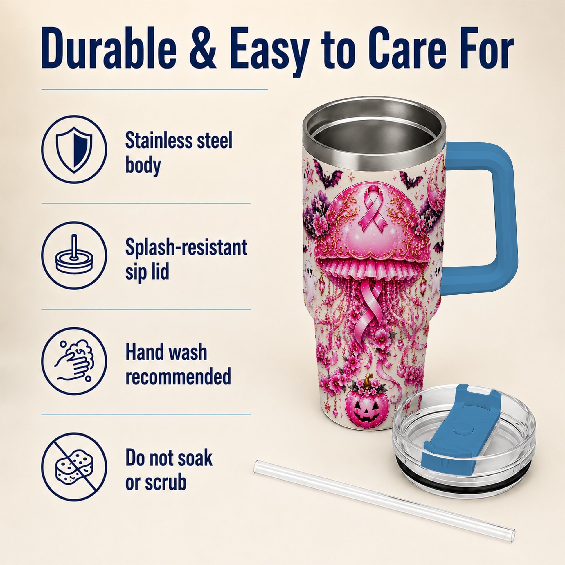 #pl[40oz|Blue] Pink Ribbon 40oz Tumbler with Handle, Halloween Stainless Steel Travel Cup