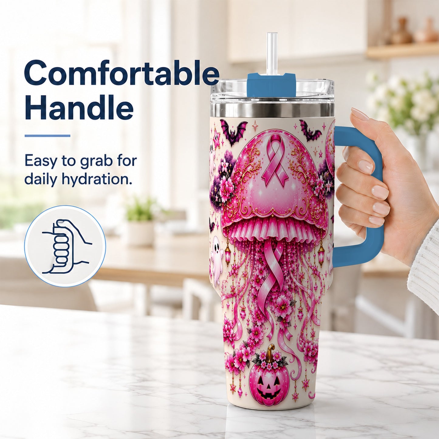 #pl[40oz|Blue] Pink Ribbon 40oz Tumbler with Handle, Halloween Stainless Steel Travel Cup