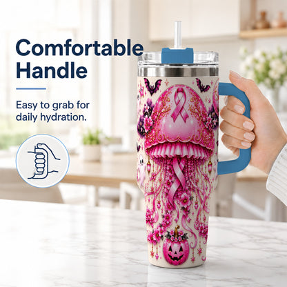 #pl[40oz|Blue] Pink Ribbon 40oz Tumbler with Handle, Halloween Stainless Steel Travel Cup