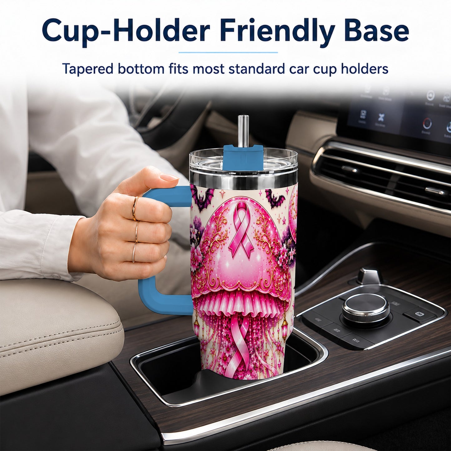 #pl[40oz|Blue] Pink Ribbon 40oz Tumbler with Handle, Halloween Stainless Steel Travel Cup