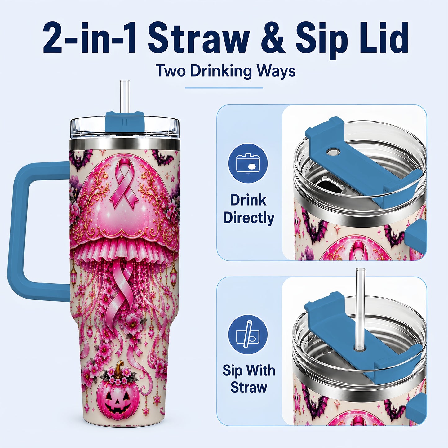 #pl[40oz|Blue] Pink Ribbon 40oz Tumbler with Handle, Halloween Stainless Steel Travel Cup