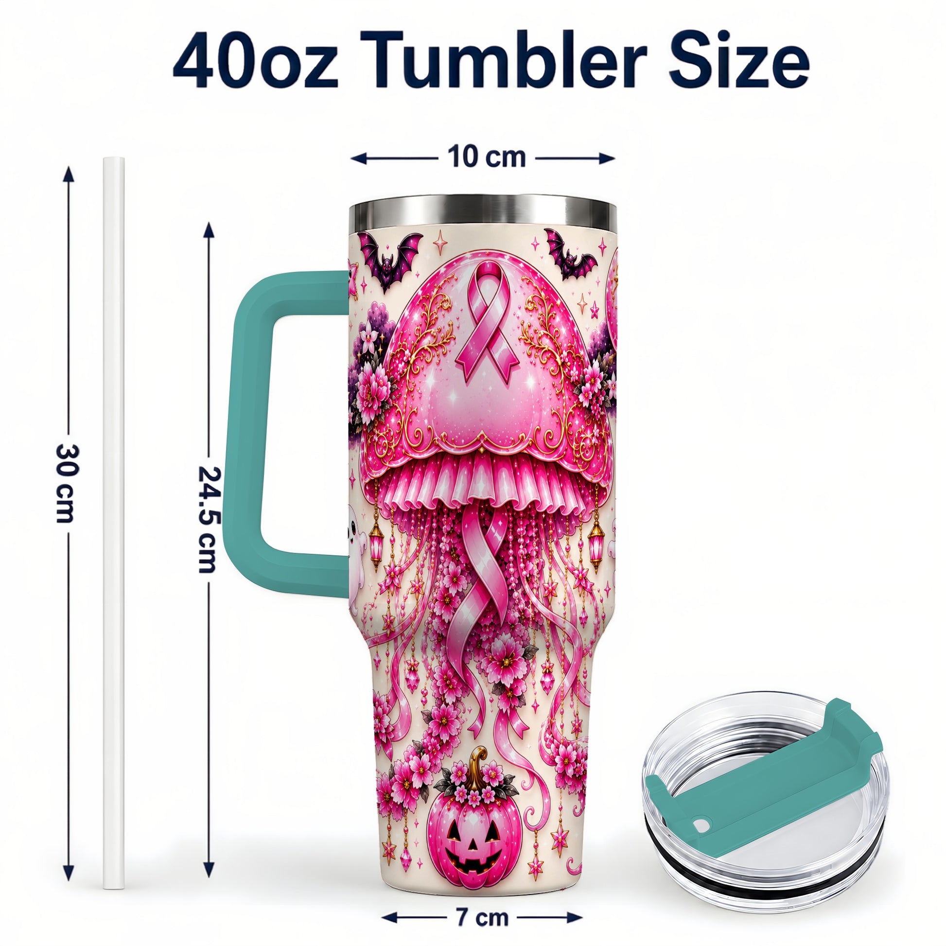#pl[40oz|Green] Pink Ribbon 40oz Tumbler with Handle, Halloween Stainless Steel Travel Cup