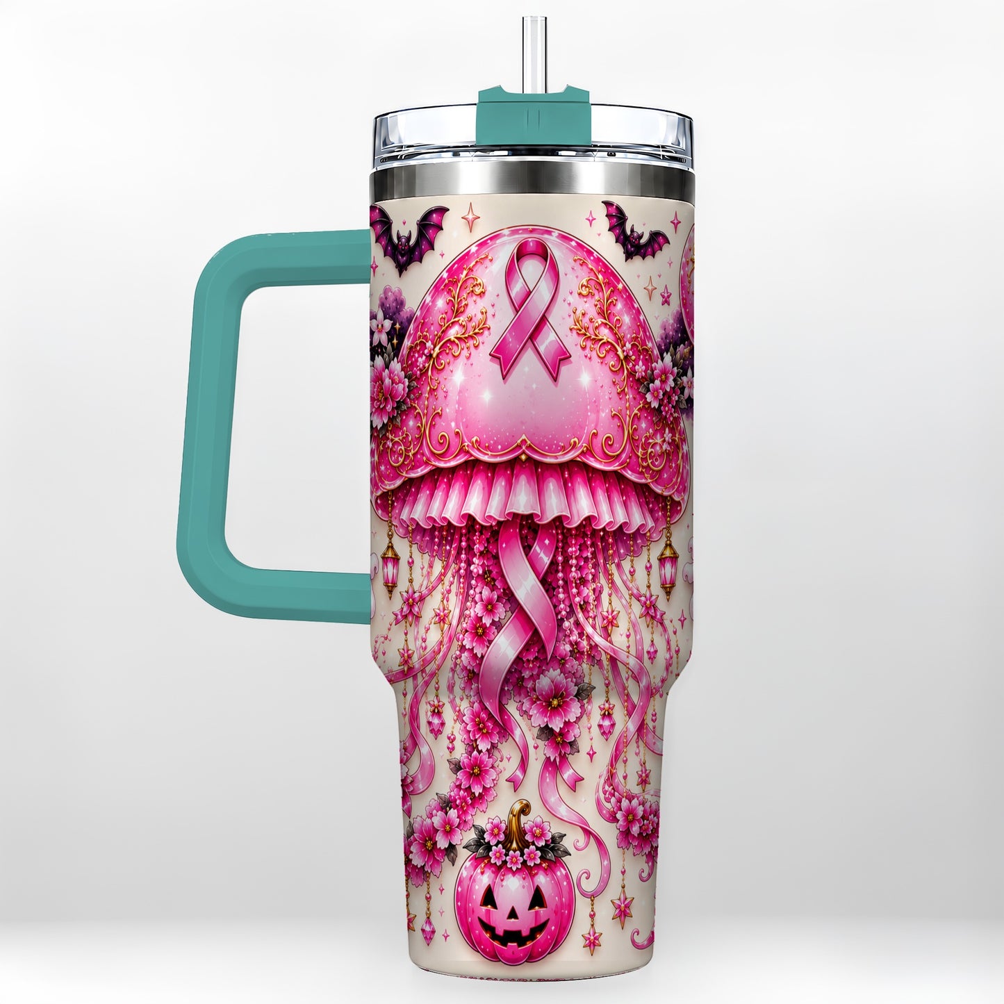 #pl[40oz|Green] Pink Ribbon 40oz Tumbler with Handle, Halloween Stainless Steel Travel Cup