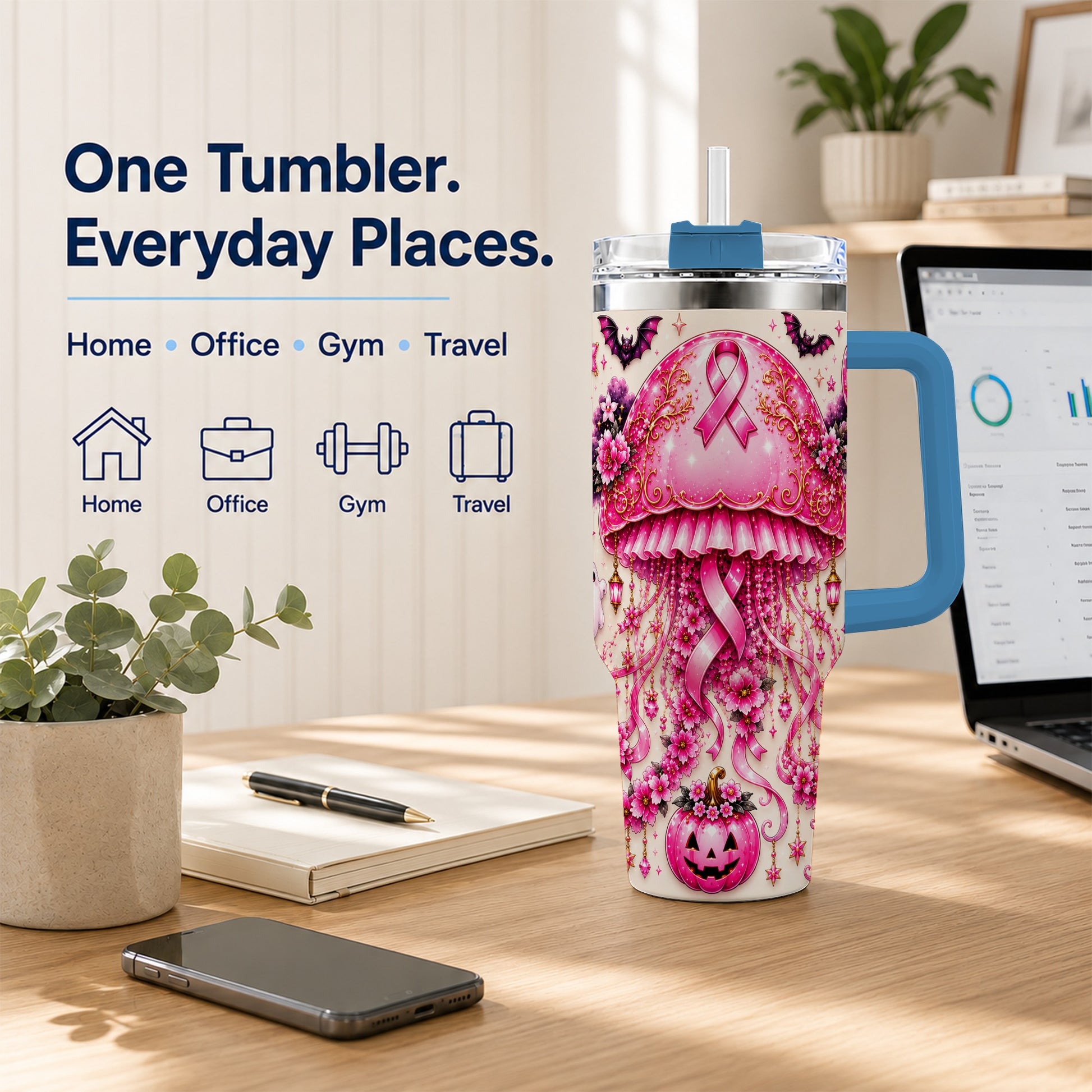 #pl[40oz|Blue] Pink Ribbon 40oz Tumbler with Handle, Halloween Stainless Steel Travel Cup