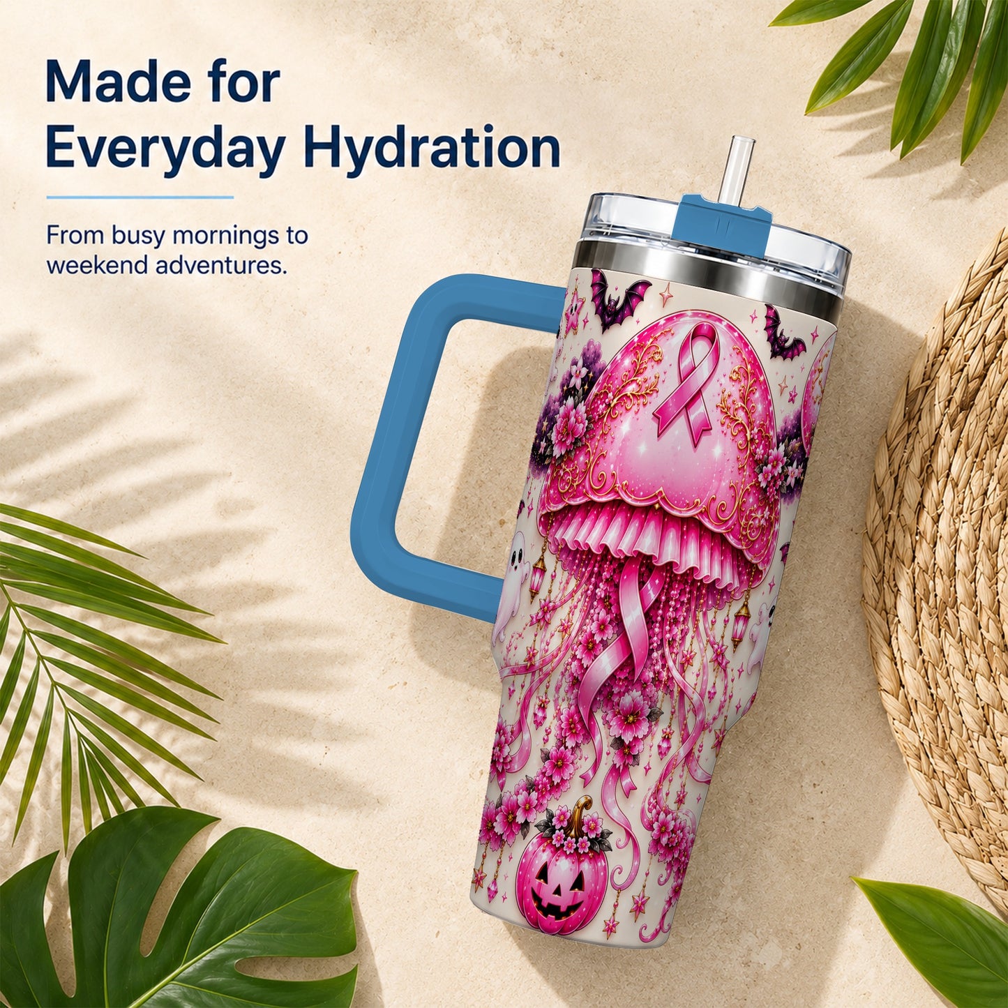 #pl[40oz|Blue] Pink Ribbon 40oz Tumbler with Handle, Halloween Stainless Steel Travel Cup