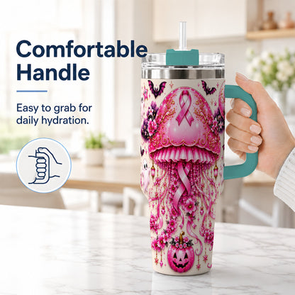 #pl[40oz|Green] Pink Ribbon 40oz Tumbler with Handle, Halloween Stainless Steel Travel Cup