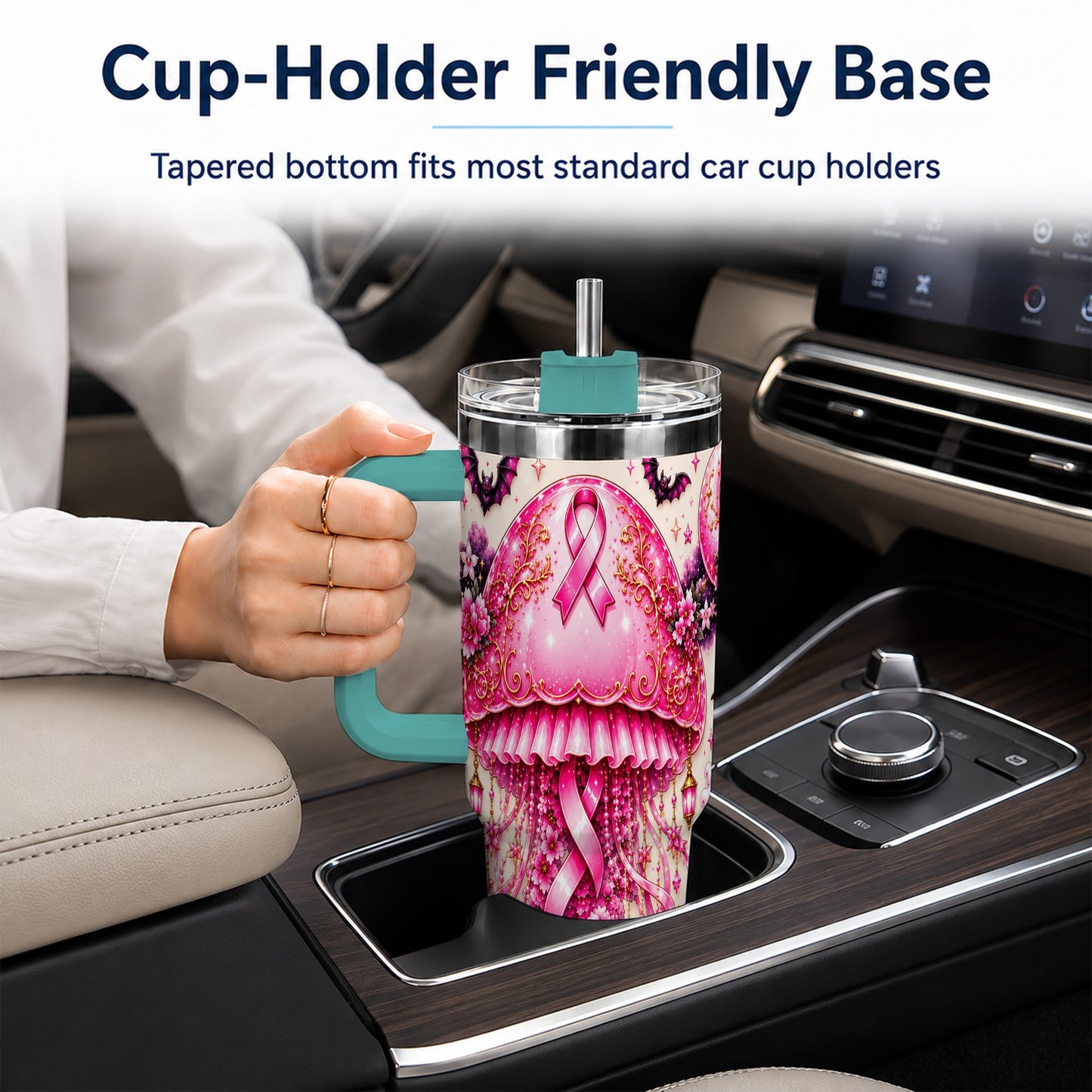 #pl[40oz|Green] Pink Ribbon 40oz Tumbler with Handle, Halloween Stainless Steel Travel Cup