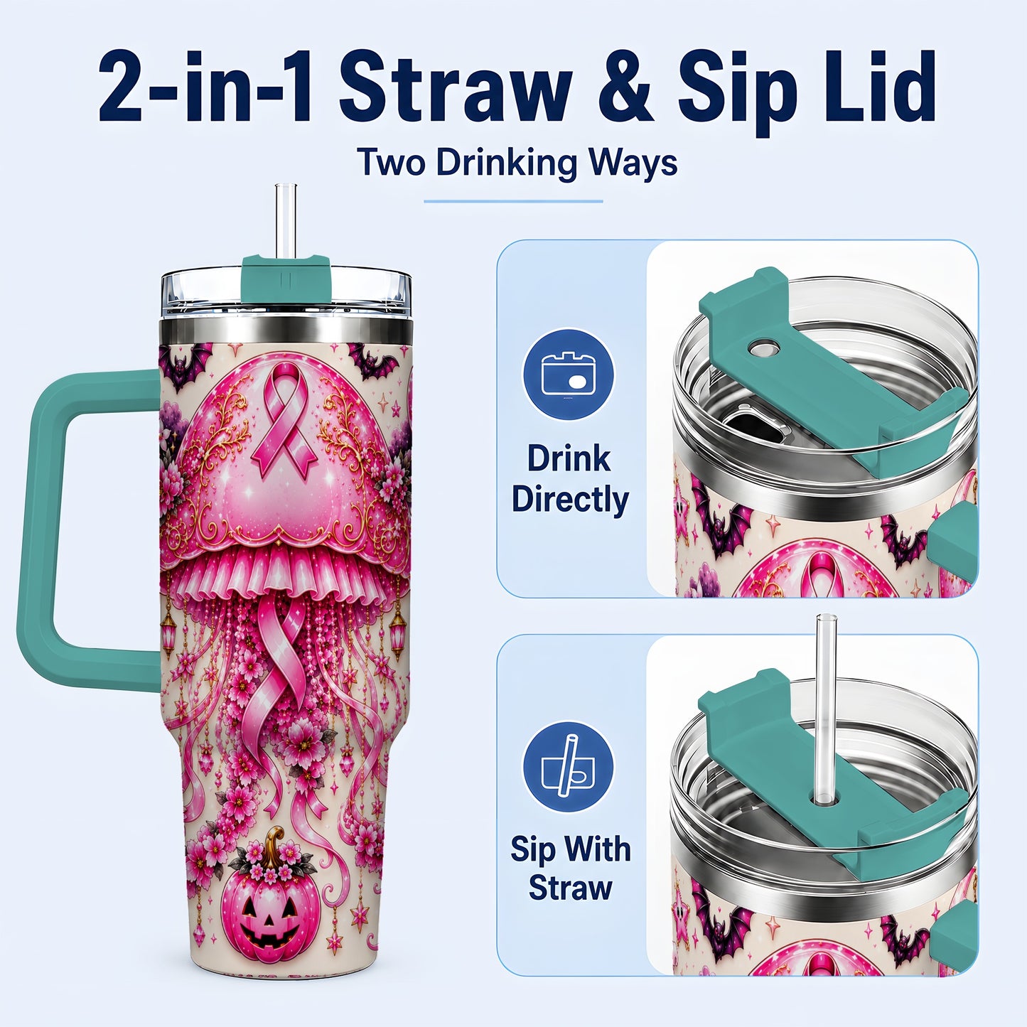 #pl[40oz|Green] Pink Ribbon 40oz Tumbler with Handle, Halloween Stainless Steel Travel Cup