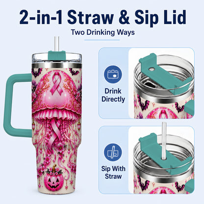#pl[40oz|Green] Pink Ribbon 40oz Tumbler with Handle, Halloween Stainless Steel Travel Cup