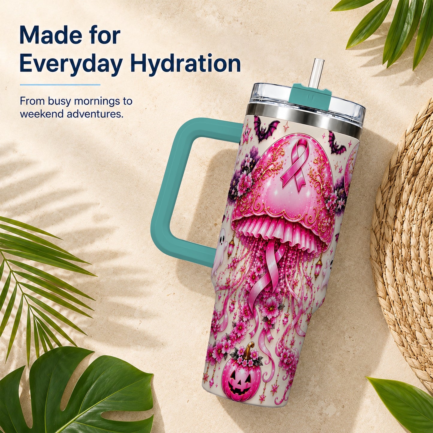 #pl[40oz|Green] Pink Ribbon 40oz Tumbler with Handle, Halloween Stainless Steel Travel Cup