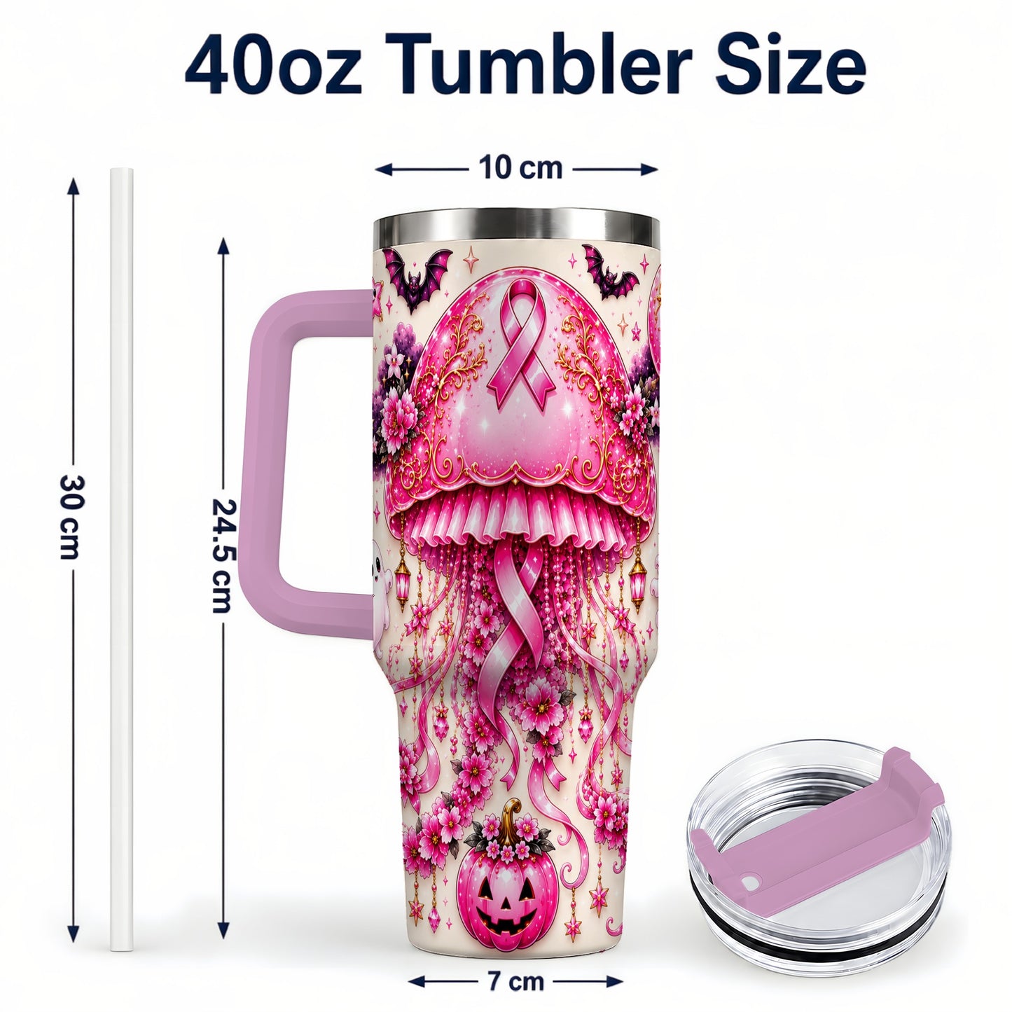#pl[40oz|Pink] Pink Ribbon 40oz Tumbler with Handle, Halloween Stainless Steel Travel Cup