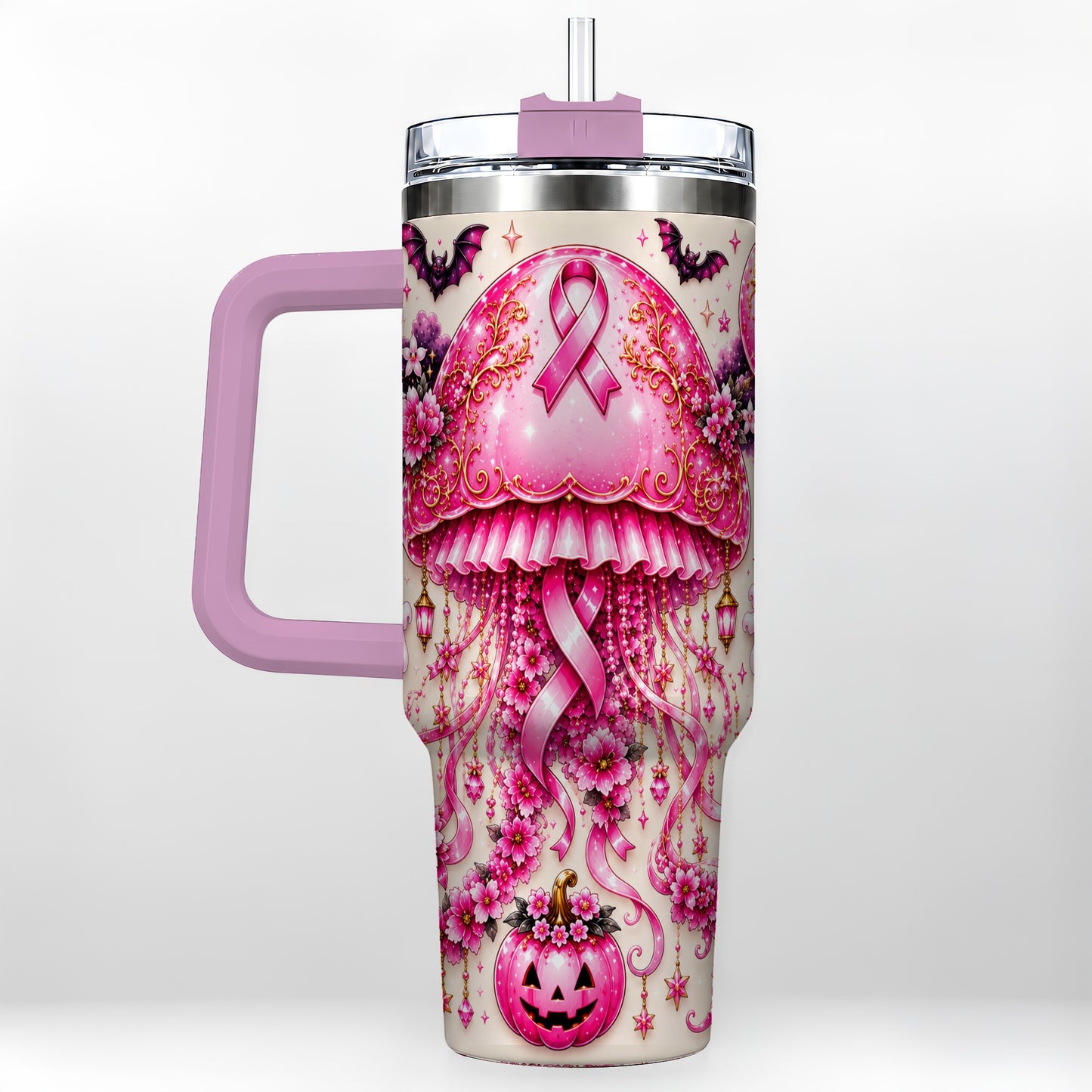 #pl[40oz|Pink] Pink Ribbon 40oz Tumbler with Handle, Halloween Stainless Steel Travel Cup