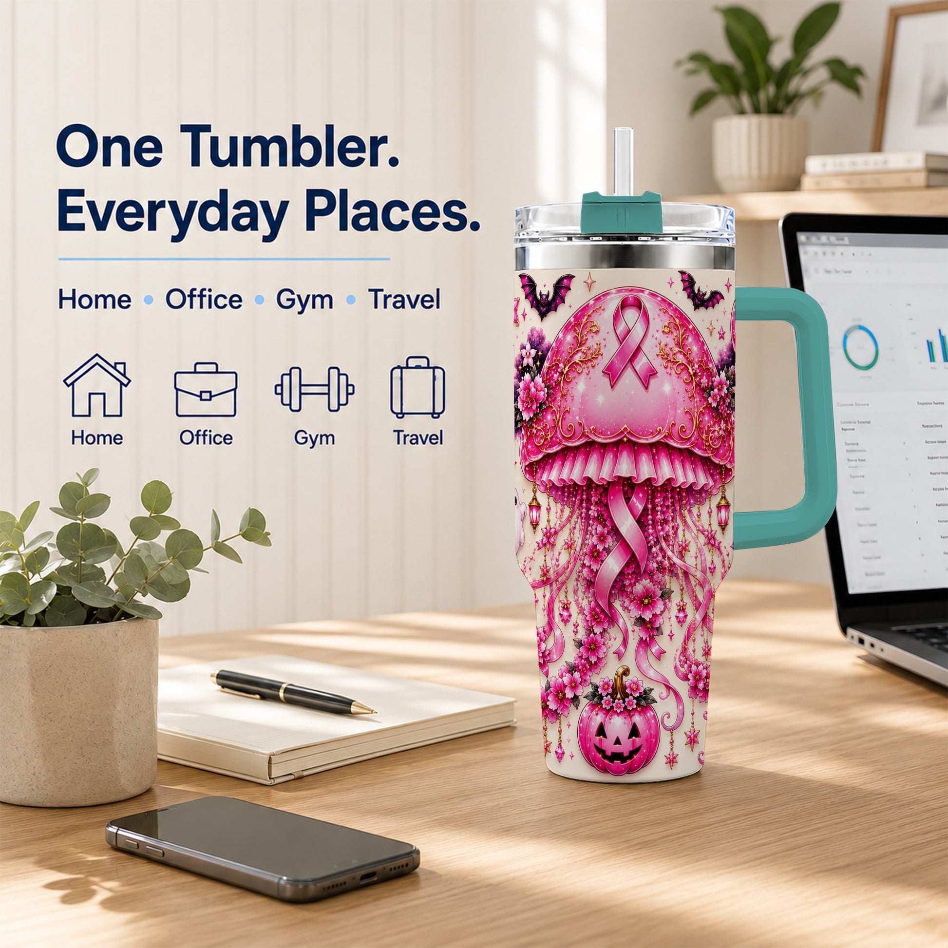 #pl[40oz|Green] Pink Ribbon 40oz Tumbler with Handle, Halloween Stainless Steel Travel Cup