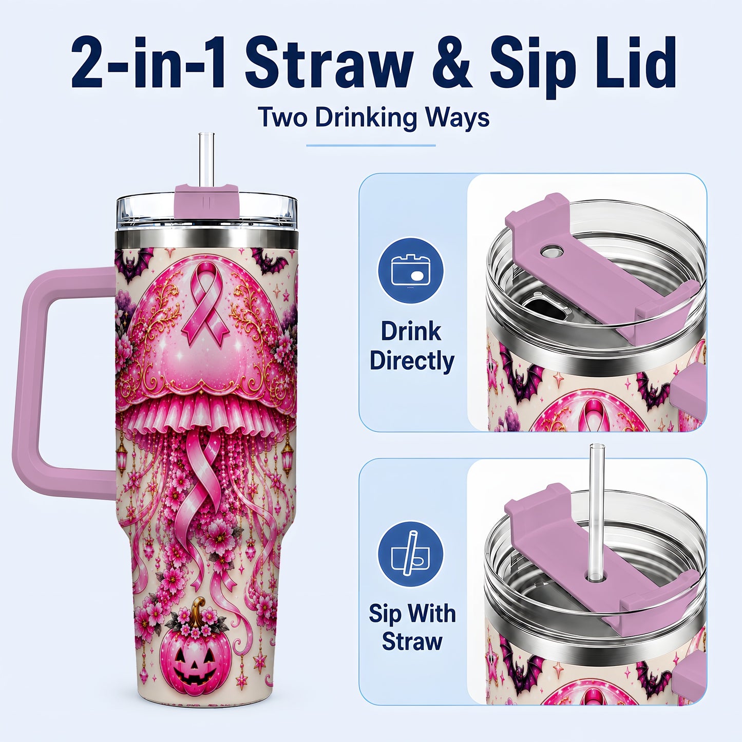 #pl[40oz|Pink] Pink Ribbon 40oz Tumbler with Handle, Halloween Stainless Steel Travel Cup
