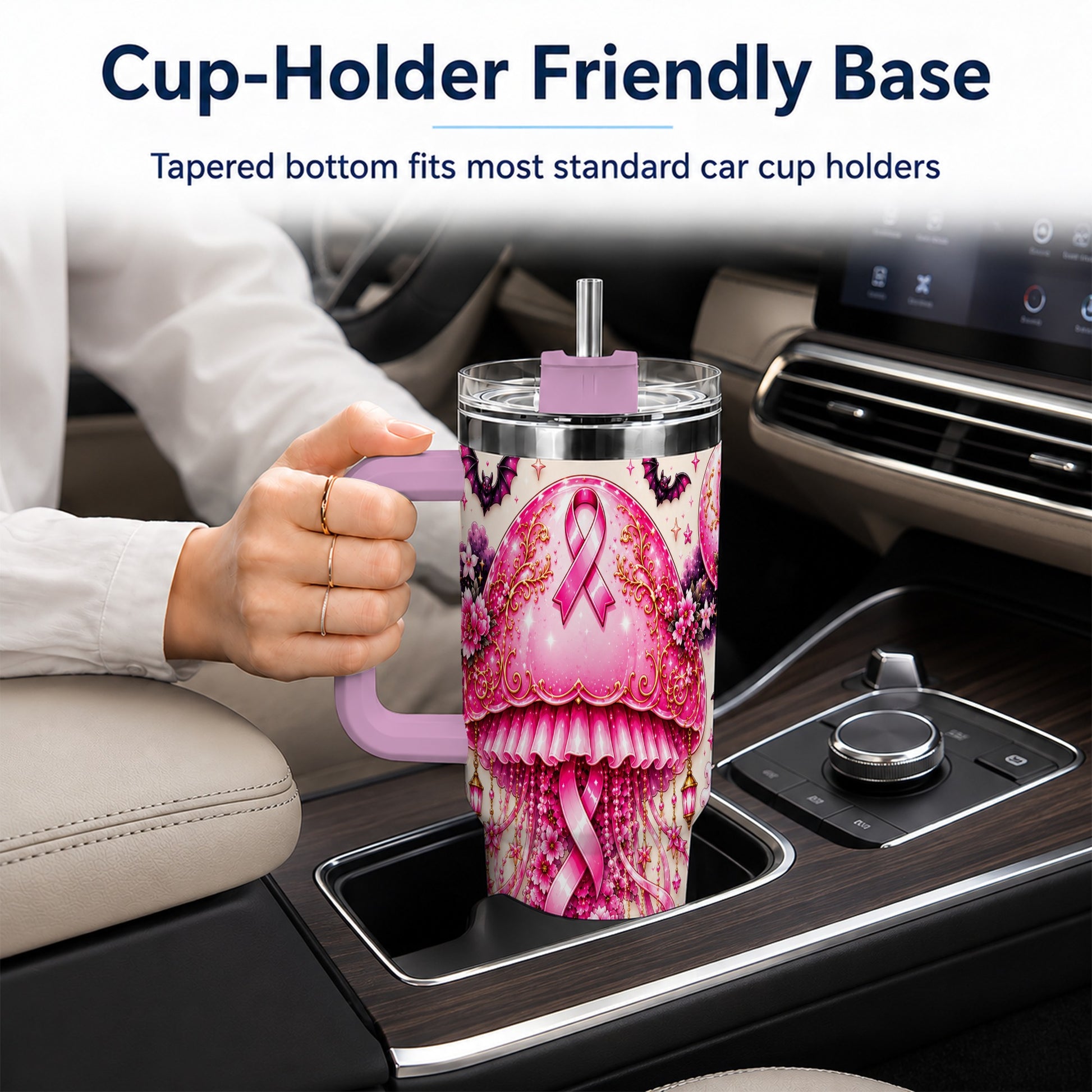 #pl[40oz|Pink] Pink Ribbon 40oz Tumbler with Handle, Halloween Stainless Steel Travel Cup