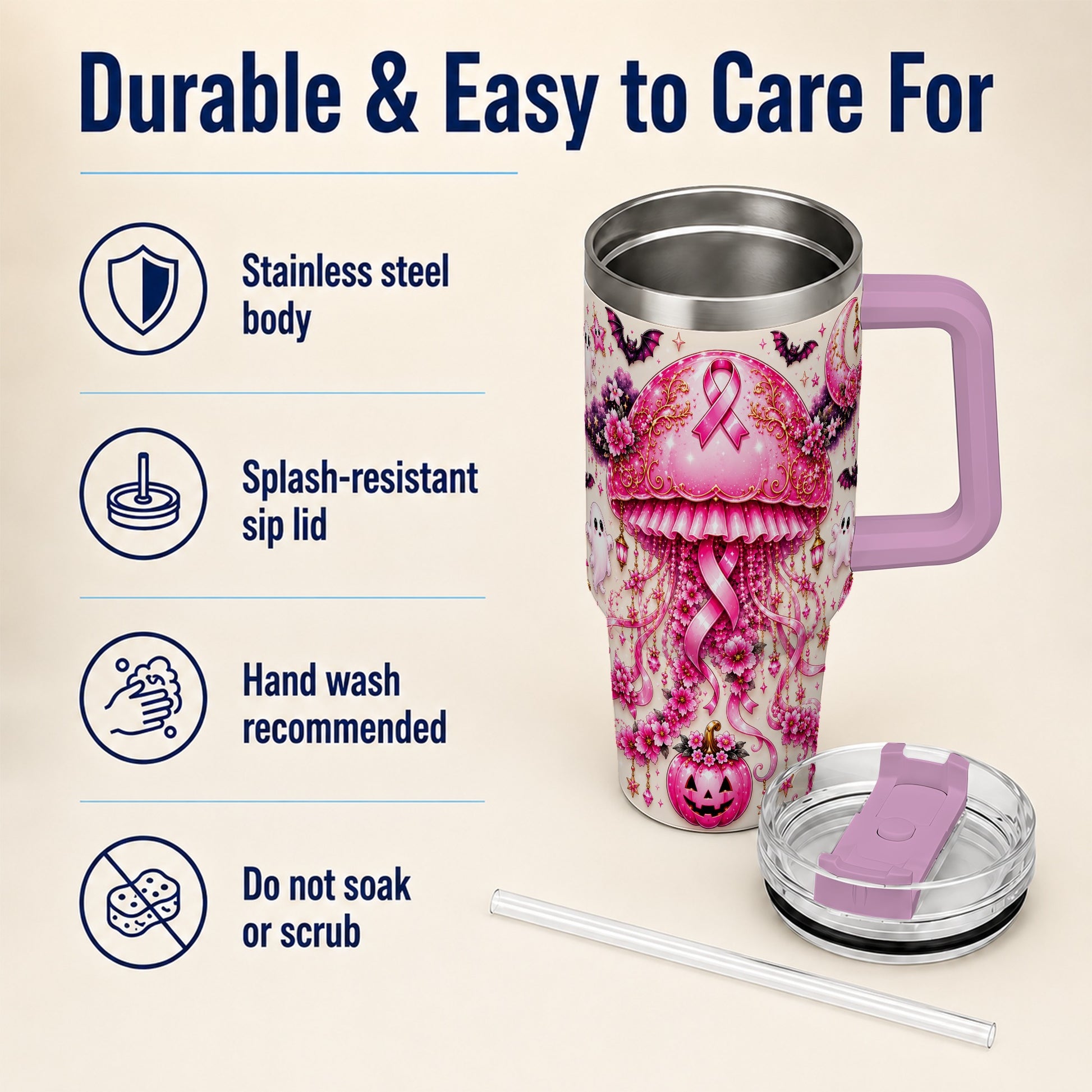 #pl[40oz|Pink] Pink Ribbon 40oz Tumbler with Handle, Halloween Stainless Steel Travel Cup