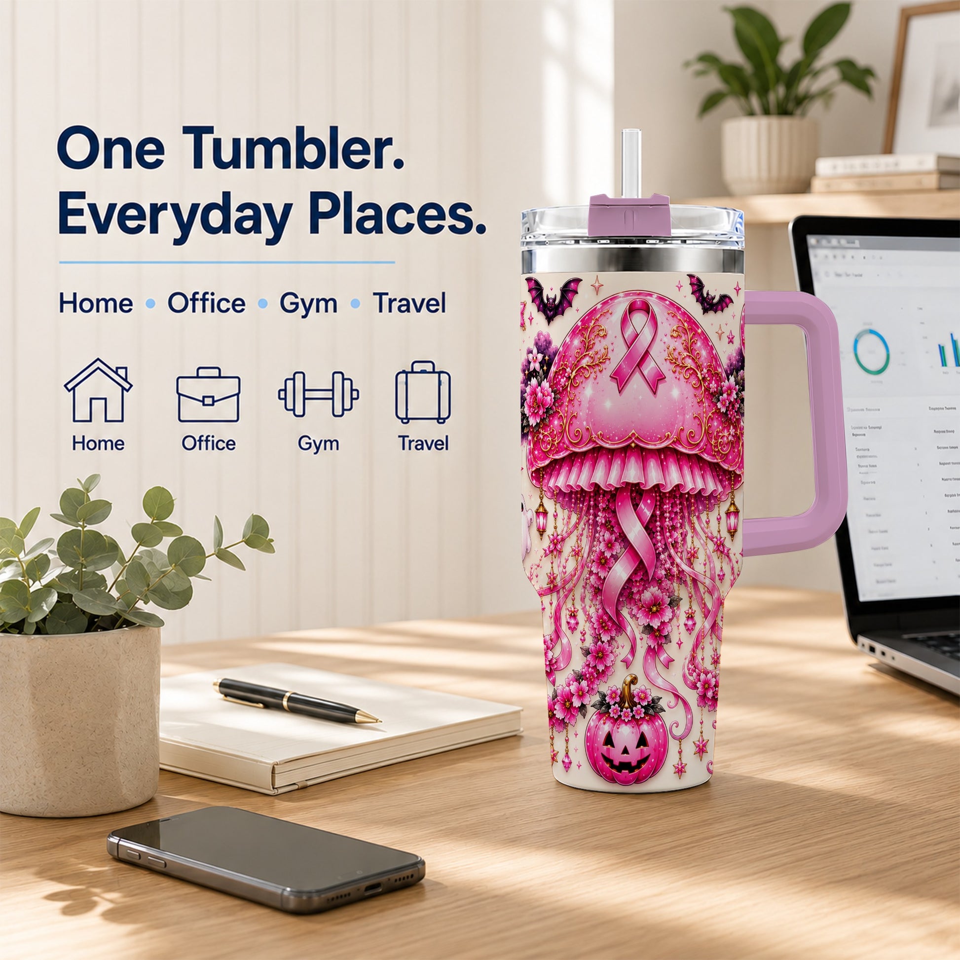 #pl[40oz|Pink] Pink Ribbon 40oz Tumbler with Handle, Halloween Stainless Steel Travel Cup