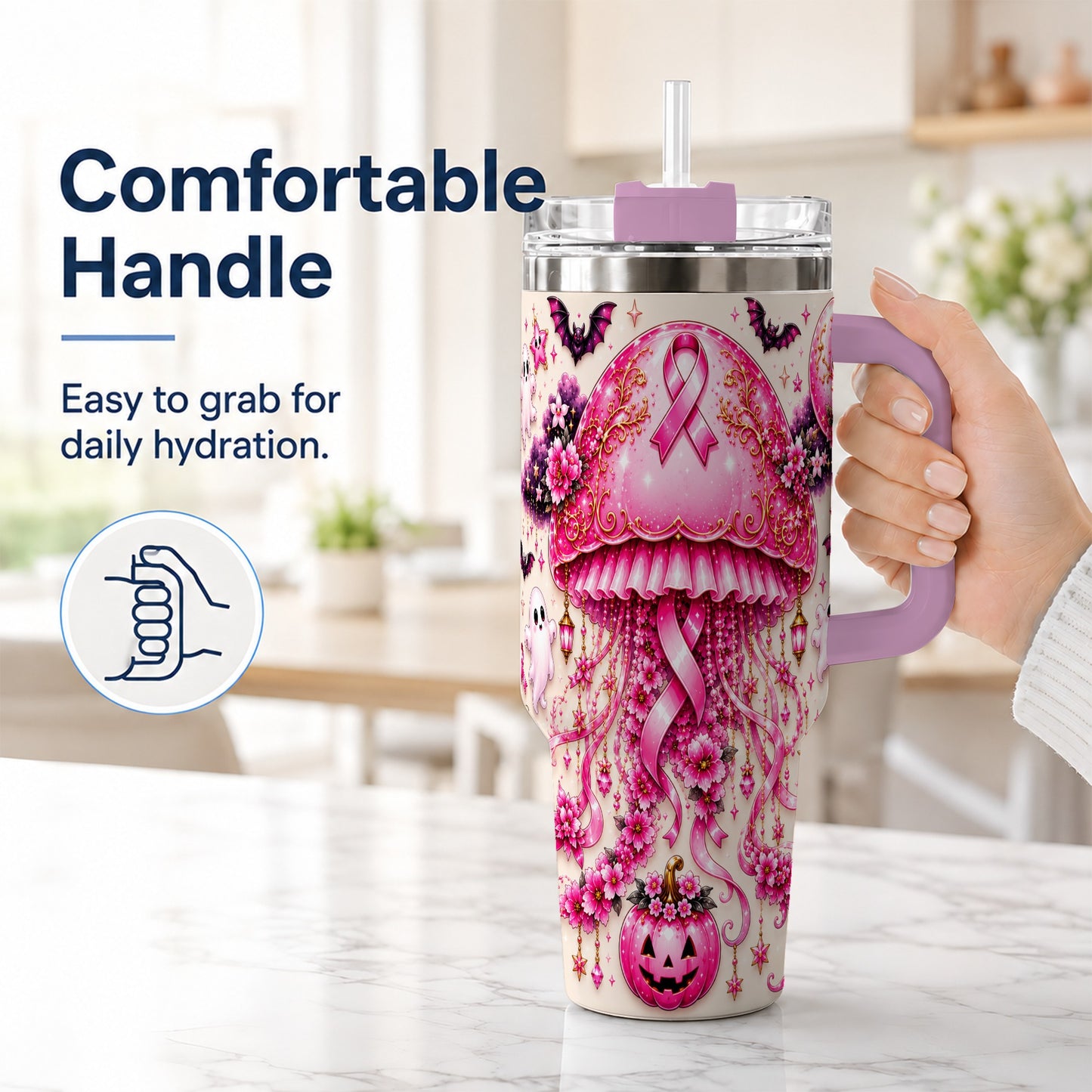 #pl[40oz|Pink] Pink Ribbon 40oz Tumbler with Handle, Halloween Stainless Steel Travel Cup