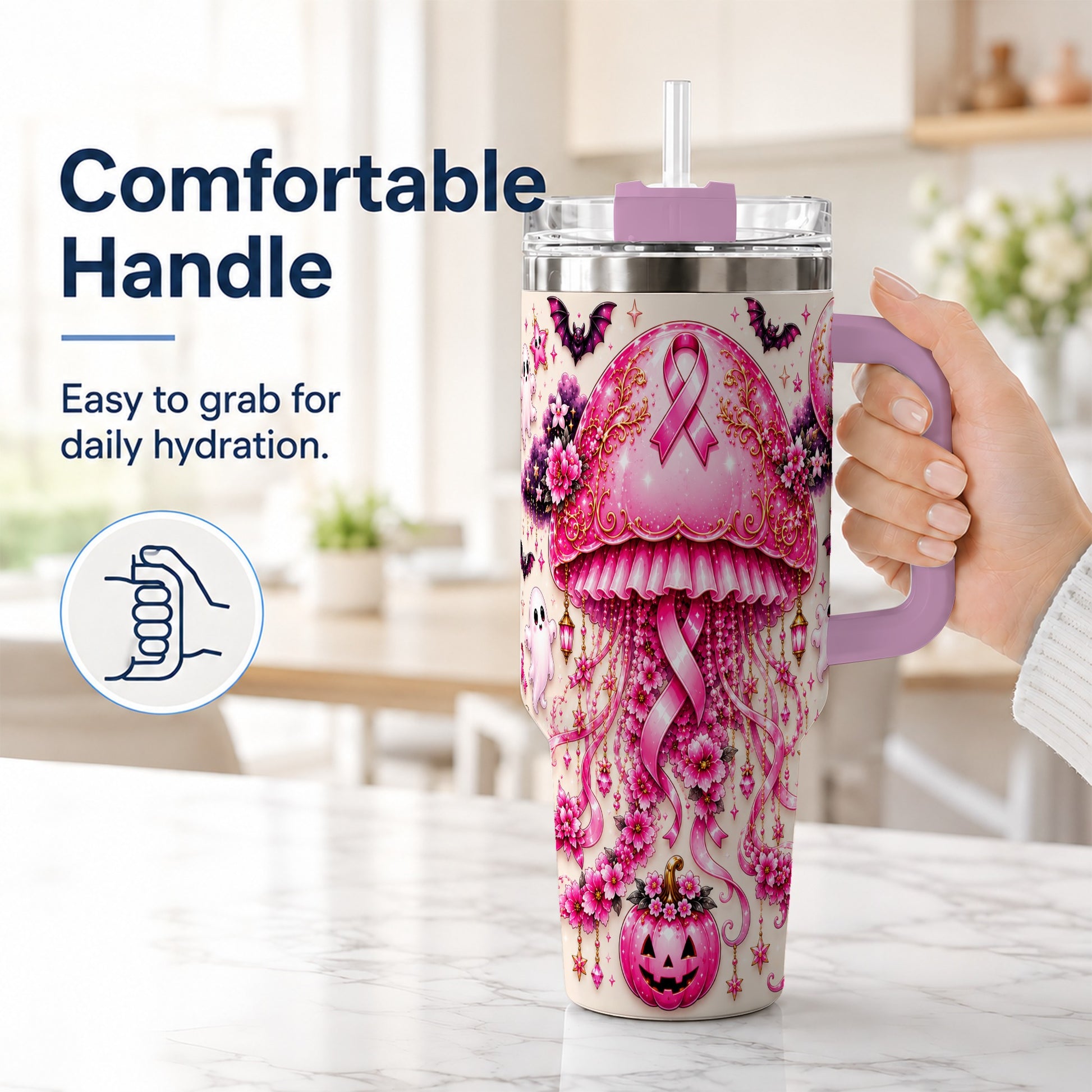 #pl[40oz|Pink] Pink Ribbon 40oz Tumbler with Handle, Halloween Stainless Steel Travel Cup