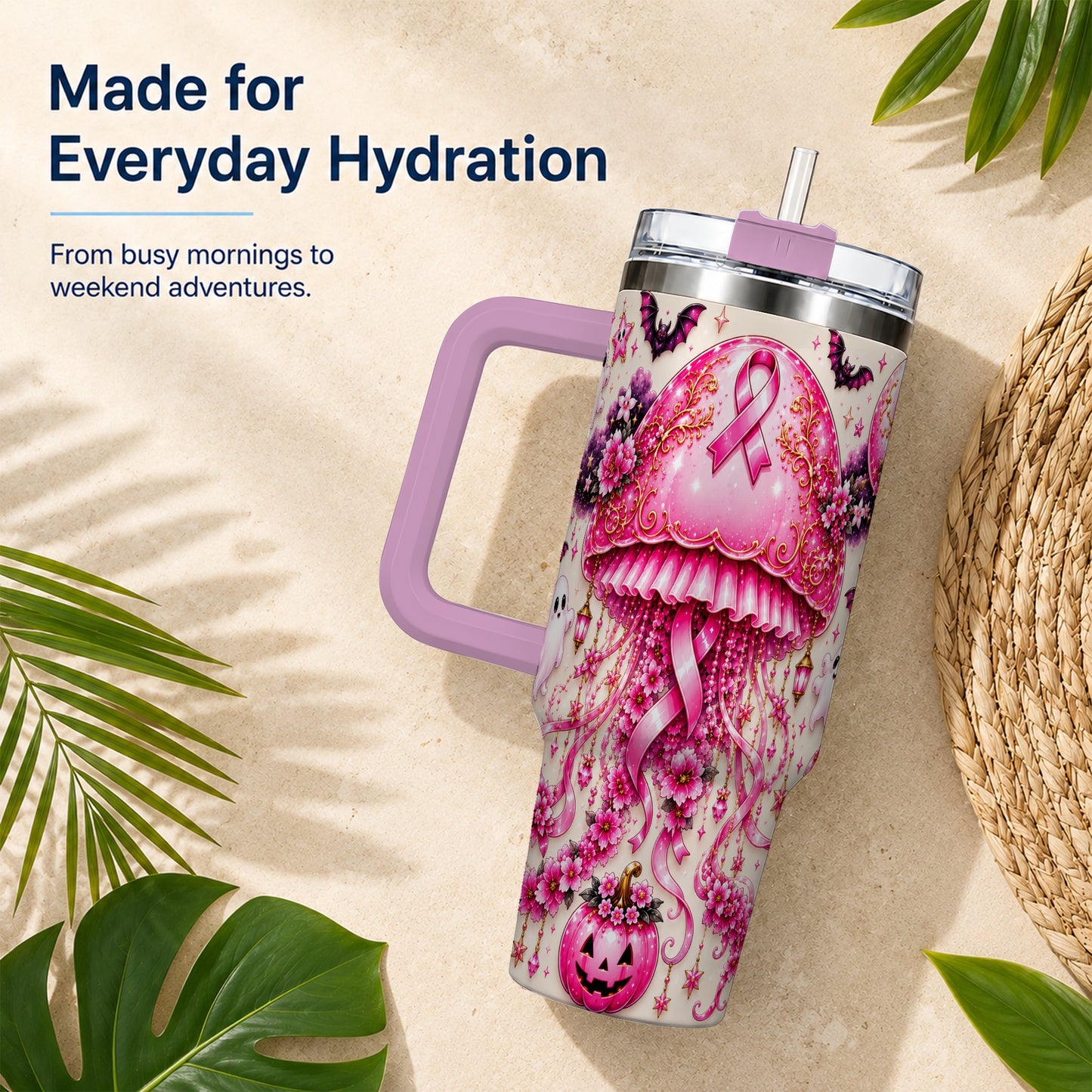 #pl[40oz|Pink] Pink Ribbon 40oz Tumbler with Handle, Halloween Stainless Steel Travel Cup