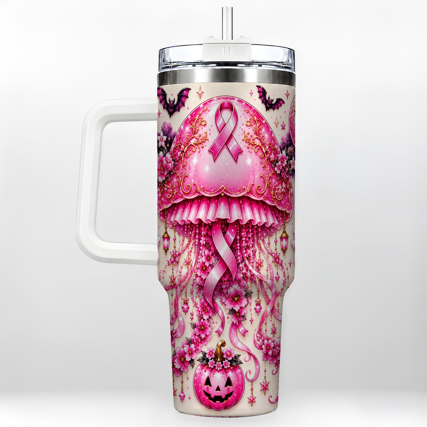#pl[40oz|White] Pink Ribbon 40oz Tumbler with Handle, Halloween Stainless Steel Travel Cup