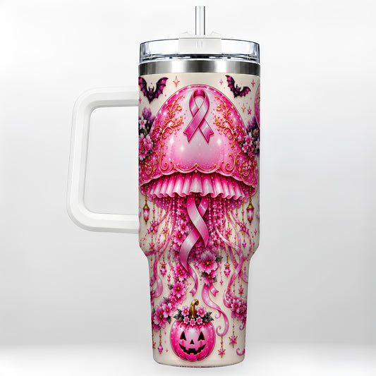 #pl[40oz|White] Pink Ribbon 40oz Tumbler with Handle, Halloween Stainless Steel Travel Cup