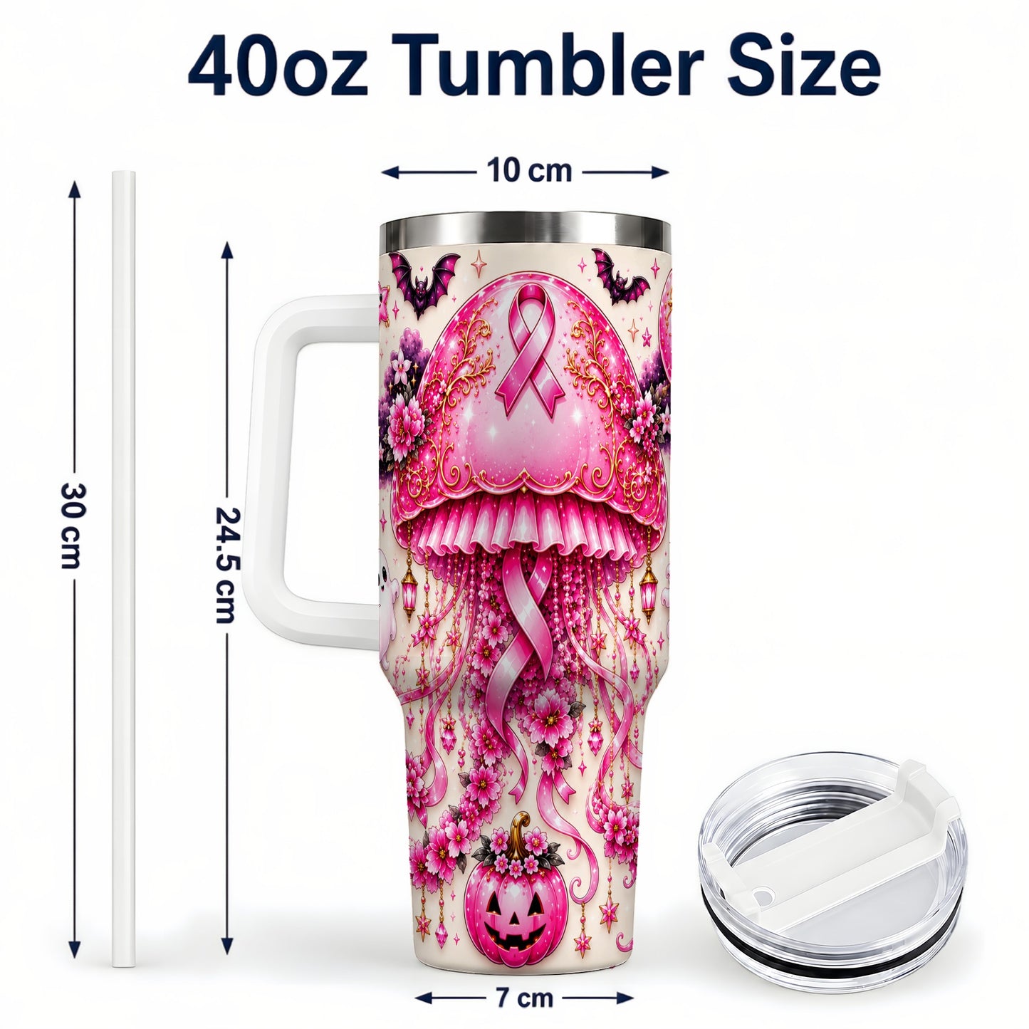 #pl[40oz|White] Pink Ribbon 40oz Tumbler with Handle, Halloween Stainless Steel Travel Cup