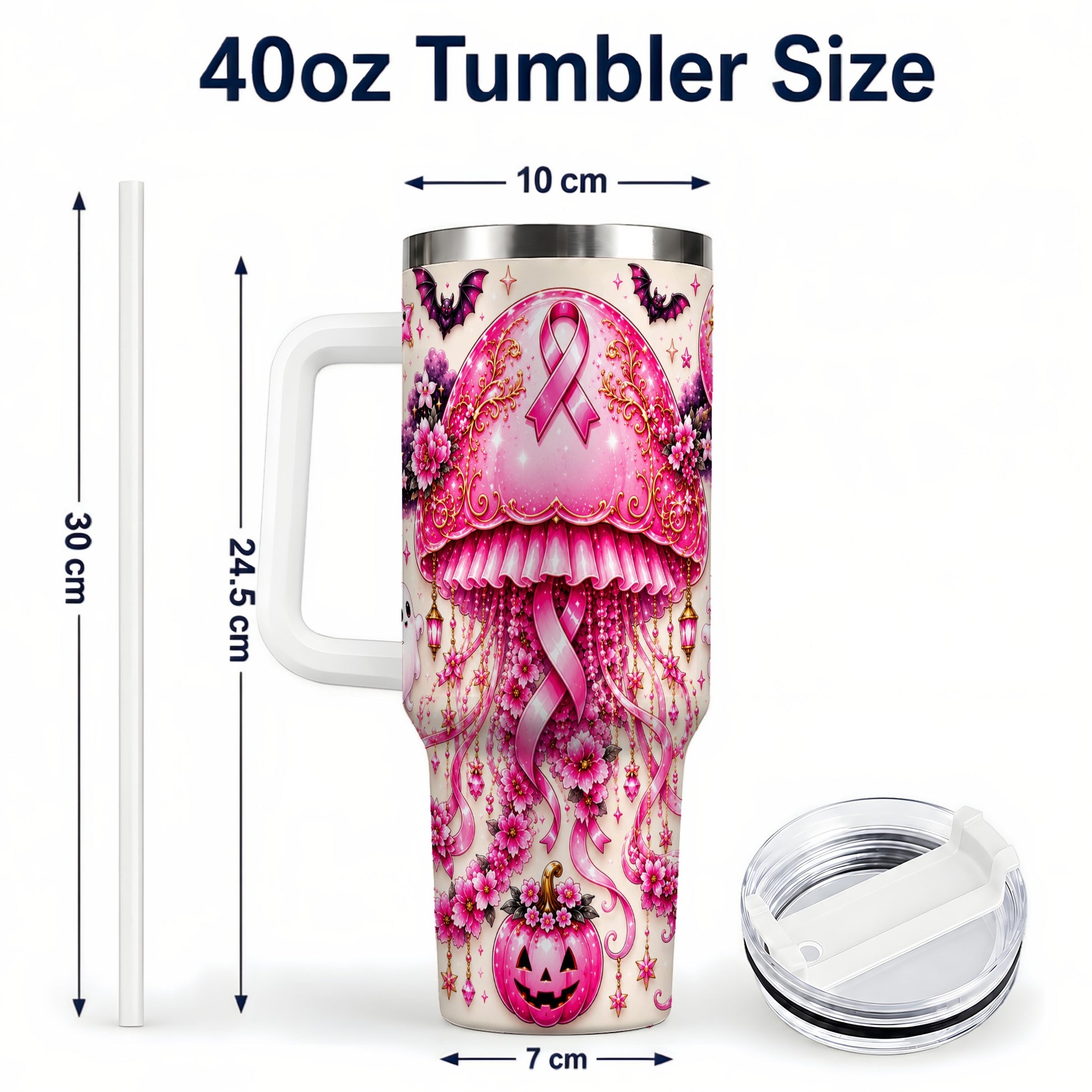 #pl[40oz|White] Pink Ribbon 40oz Tumbler with Handle, Halloween Stainless Steel Travel Cup