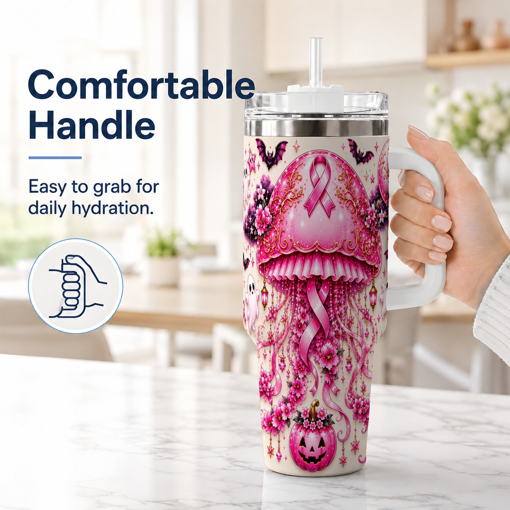 #pl[40oz|White] Pink Ribbon 40oz Tumbler with Handle, Halloween Stainless Steel Travel Cup