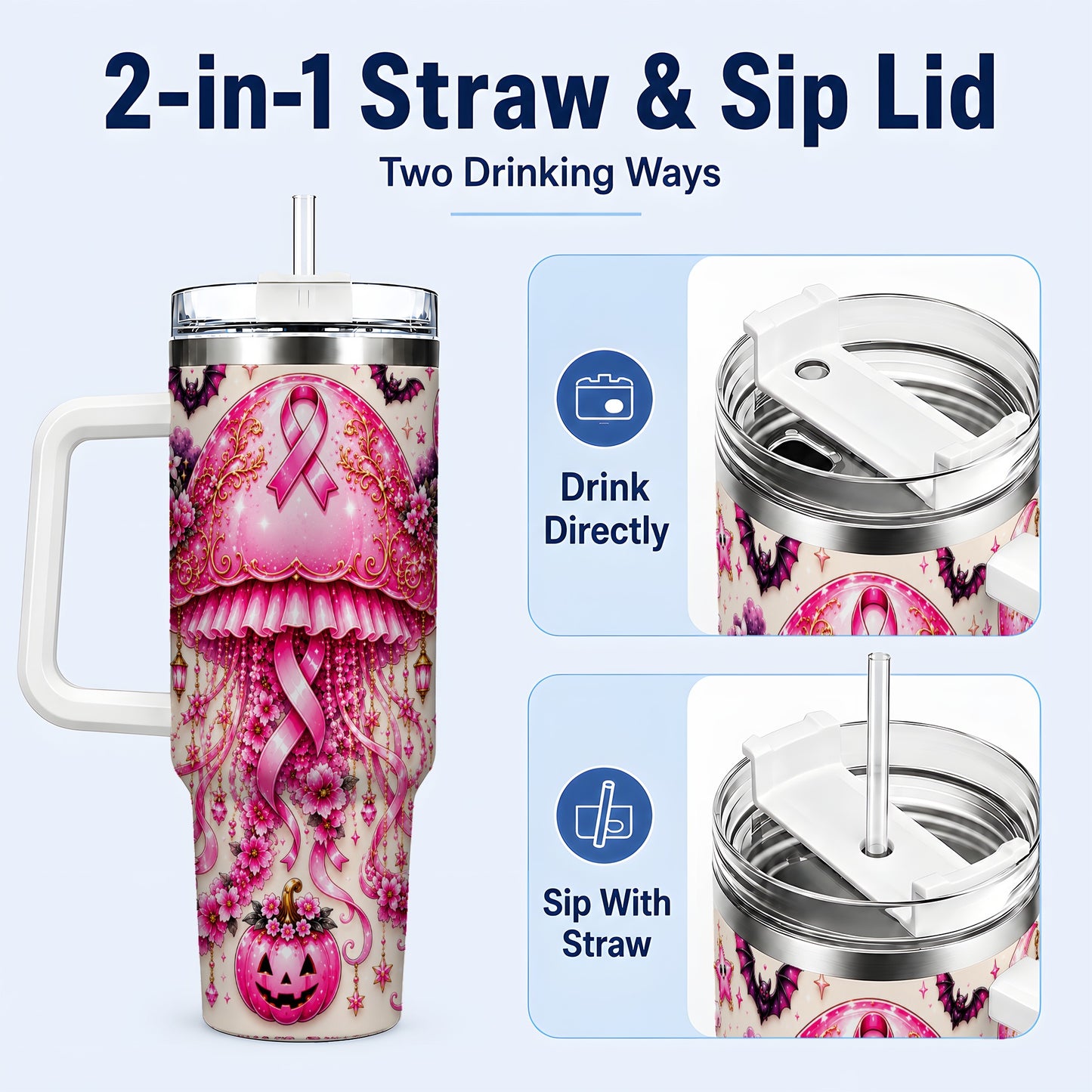 #pl[40oz|White] Pink Ribbon 40oz Tumbler with Handle, Halloween Stainless Steel Travel Cup