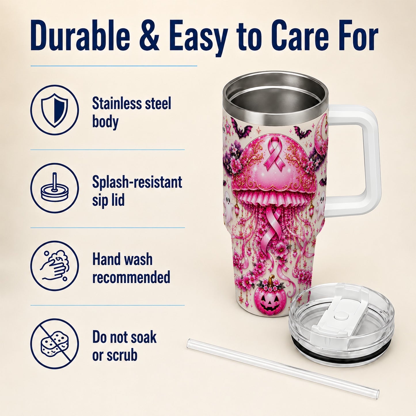 #pl[40oz|White] Pink Ribbon 40oz Tumbler with Handle, Halloween Stainless Steel Travel Cup
