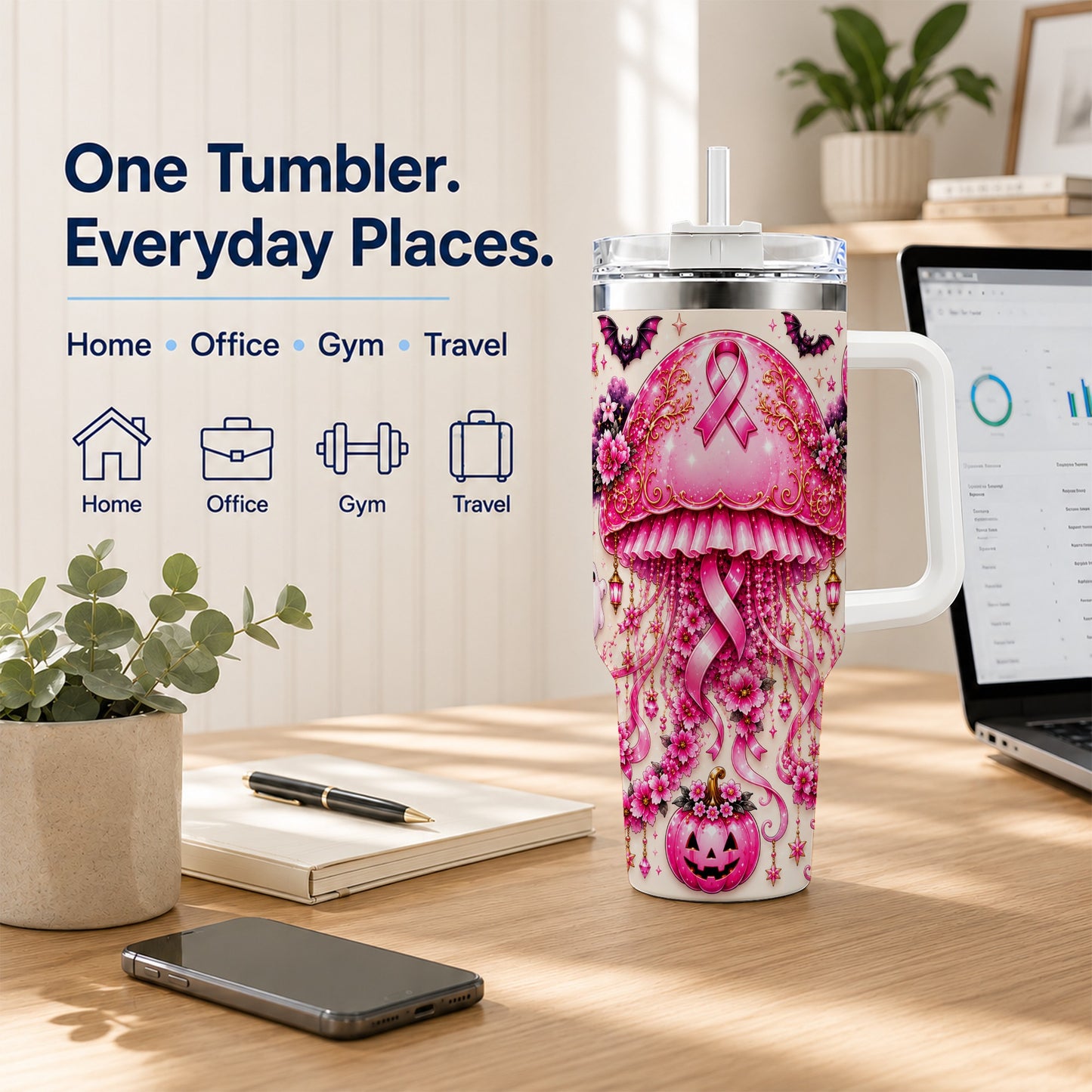 #pl[40oz|White] Pink Ribbon 40oz Tumbler with Handle, Halloween Stainless Steel Travel Cup