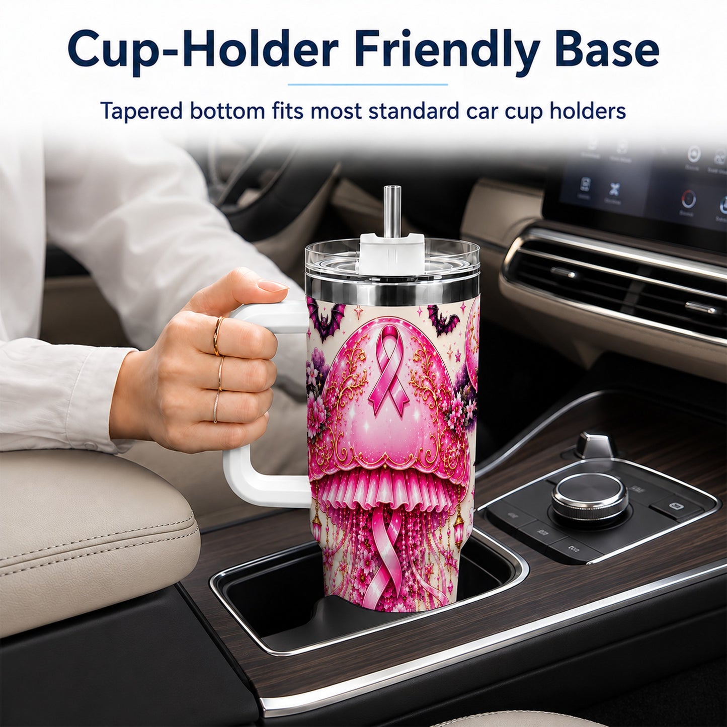 #pl[40oz|White] Pink Ribbon 40oz Tumbler with Handle, Halloween Stainless Steel Travel Cup