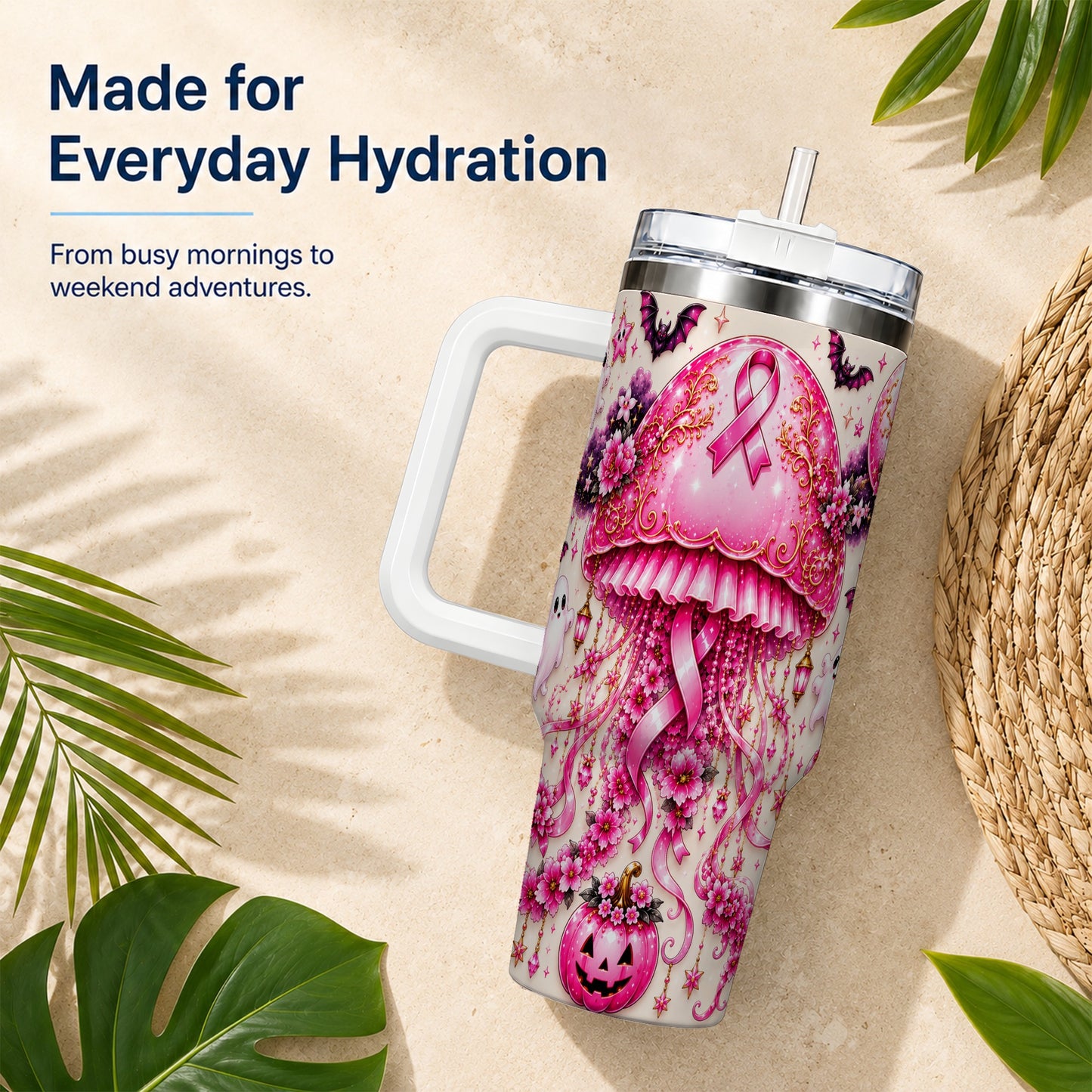 #pl[40oz|White] Pink Ribbon 40oz Tumbler with Handle, Halloween Stainless Steel Travel Cup