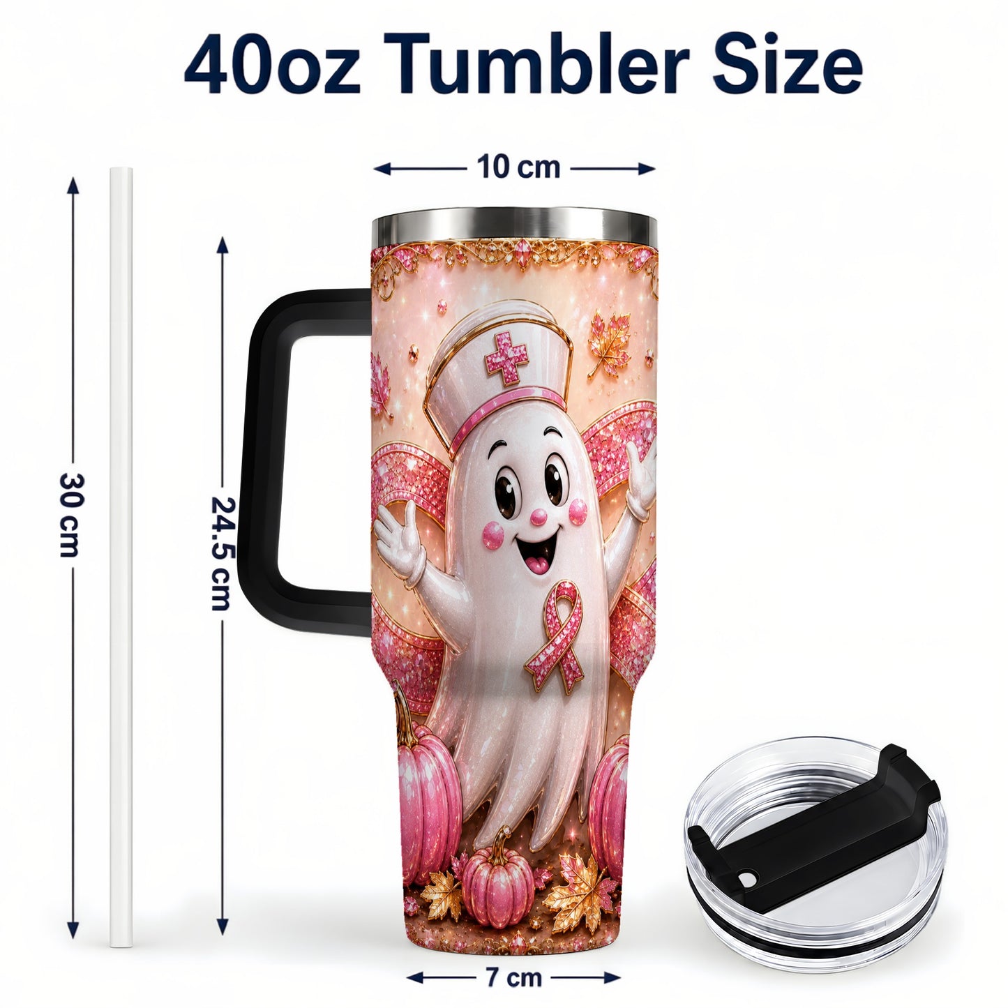 #pl[40oz|Black] Nurse Ghost 40oz Tumbler with Handle, Ribbon Stainless Steel Travel Cup