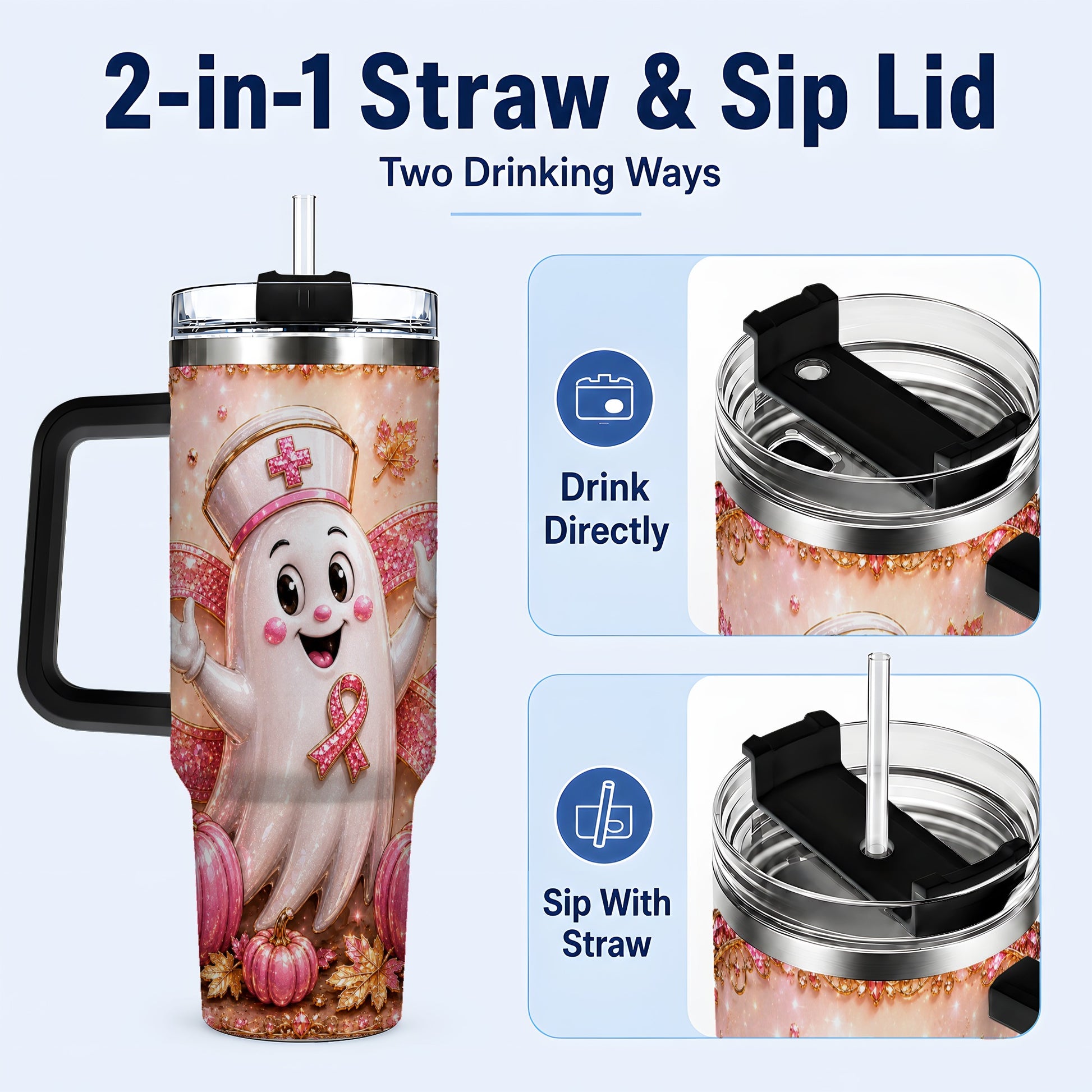 #pl[40oz|Black] Nurse Ghost 40oz Tumbler with Handle, Ribbon Stainless Steel Travel Cup