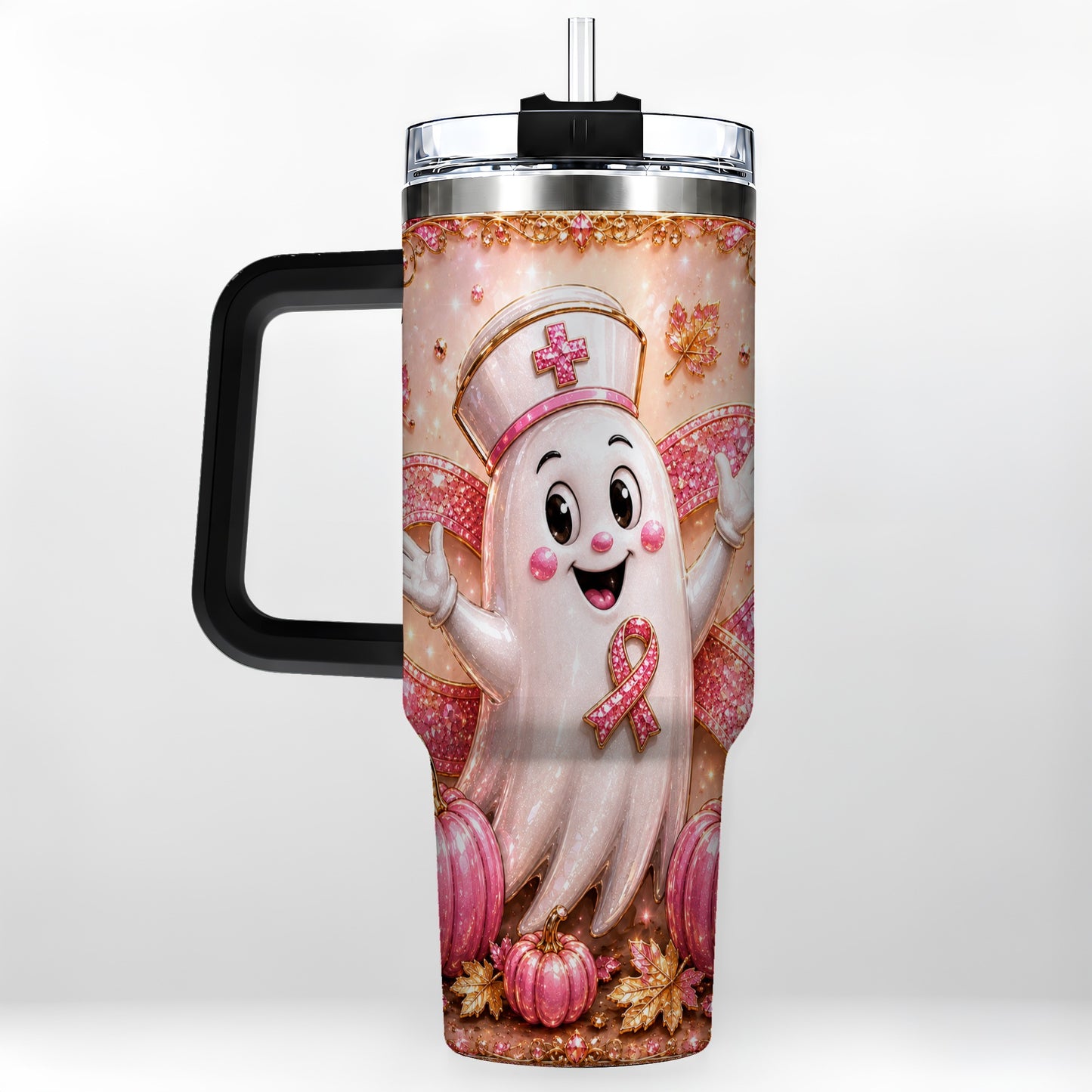 #pl[40oz|Black] Nurse Ghost 40oz Tumbler with Handle, Ribbon Stainless Steel Travel Cup