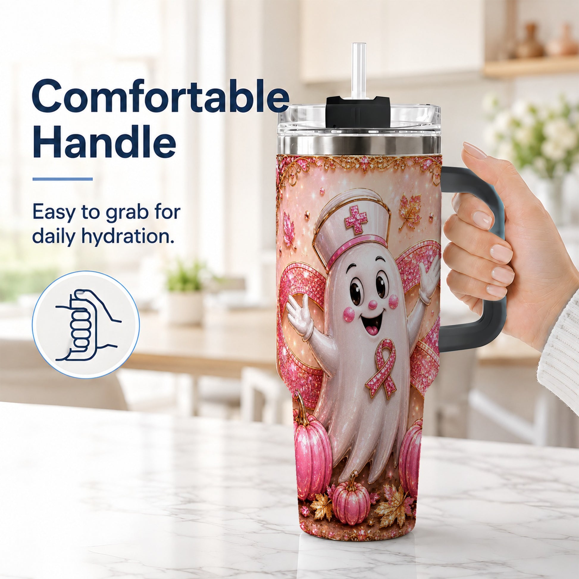 #pl[40oz|Black] Nurse Ghost 40oz Tumbler with Handle, Ribbon Stainless Steel Travel Cup