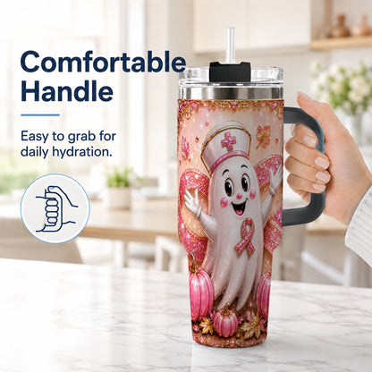 #pl[40oz|Black] Nurse Ghost 40oz Tumbler with Handle, Ribbon Stainless Steel Travel Cup