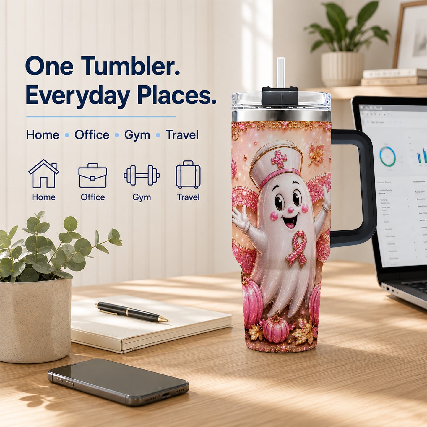 #pl[40oz|Black] Nurse Ghost 40oz Tumbler with Handle, Ribbon Stainless Steel Travel Cup