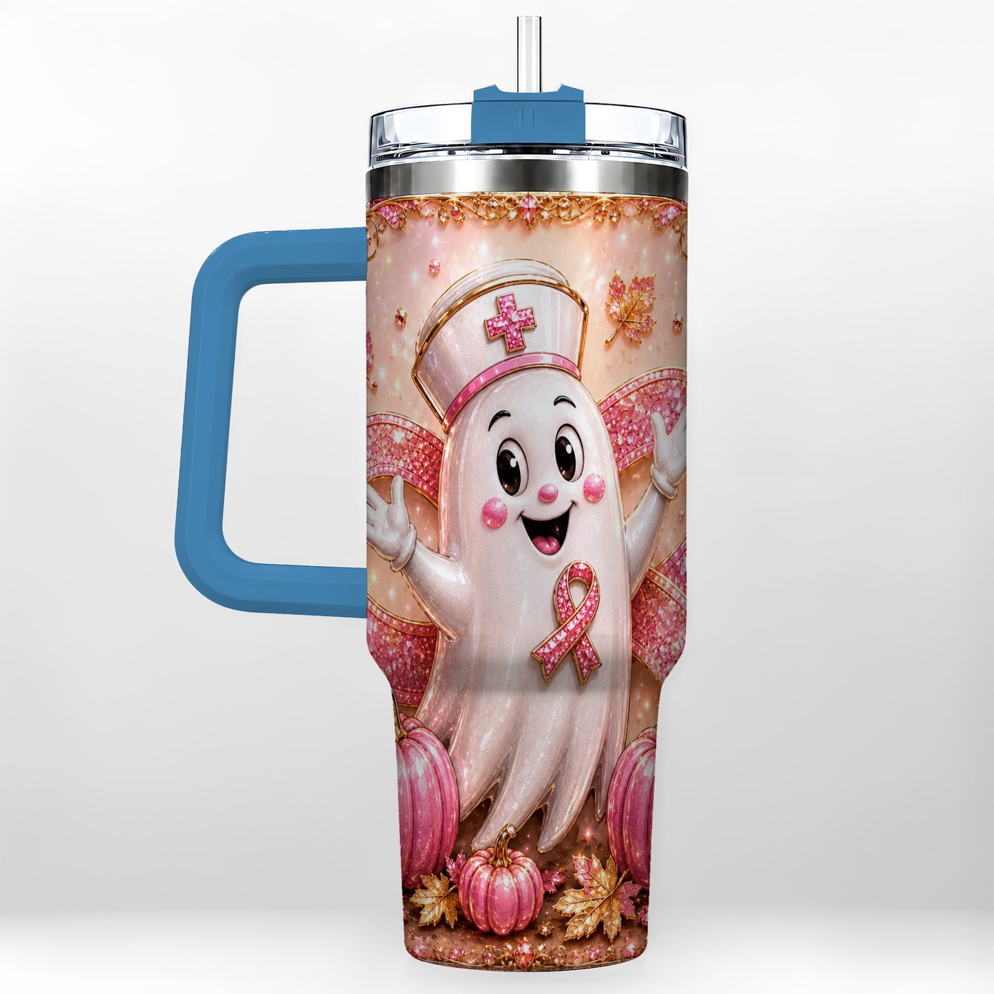 #pl[40oz|Blue] Nurse Ghost 40oz Tumbler with Handle, Ribbon Stainless Steel Travel Cup