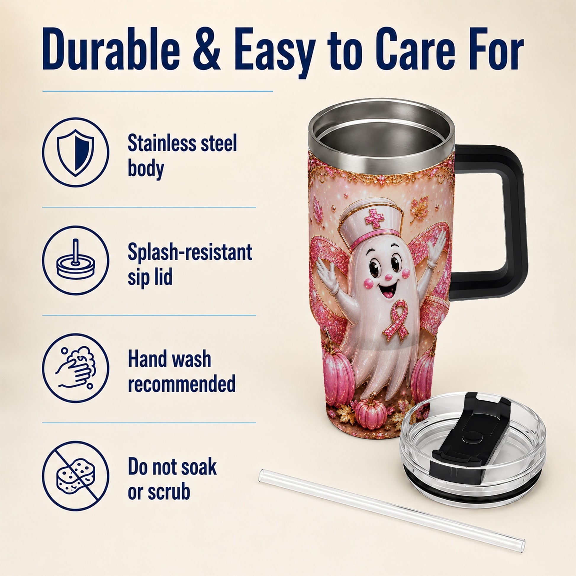 #pl[40oz|Black] Nurse Ghost 40oz Tumbler with Handle, Ribbon Stainless Steel Travel Cup