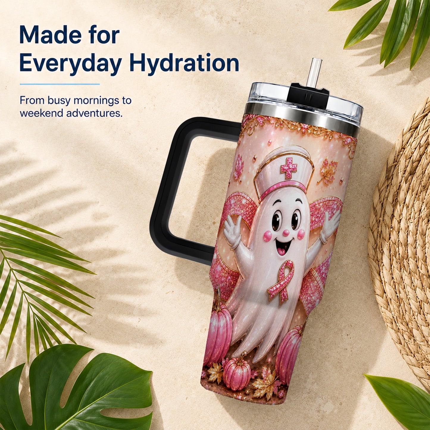 #pl[40oz|Black] Nurse Ghost 40oz Tumbler with Handle, Ribbon Stainless Steel Travel Cup