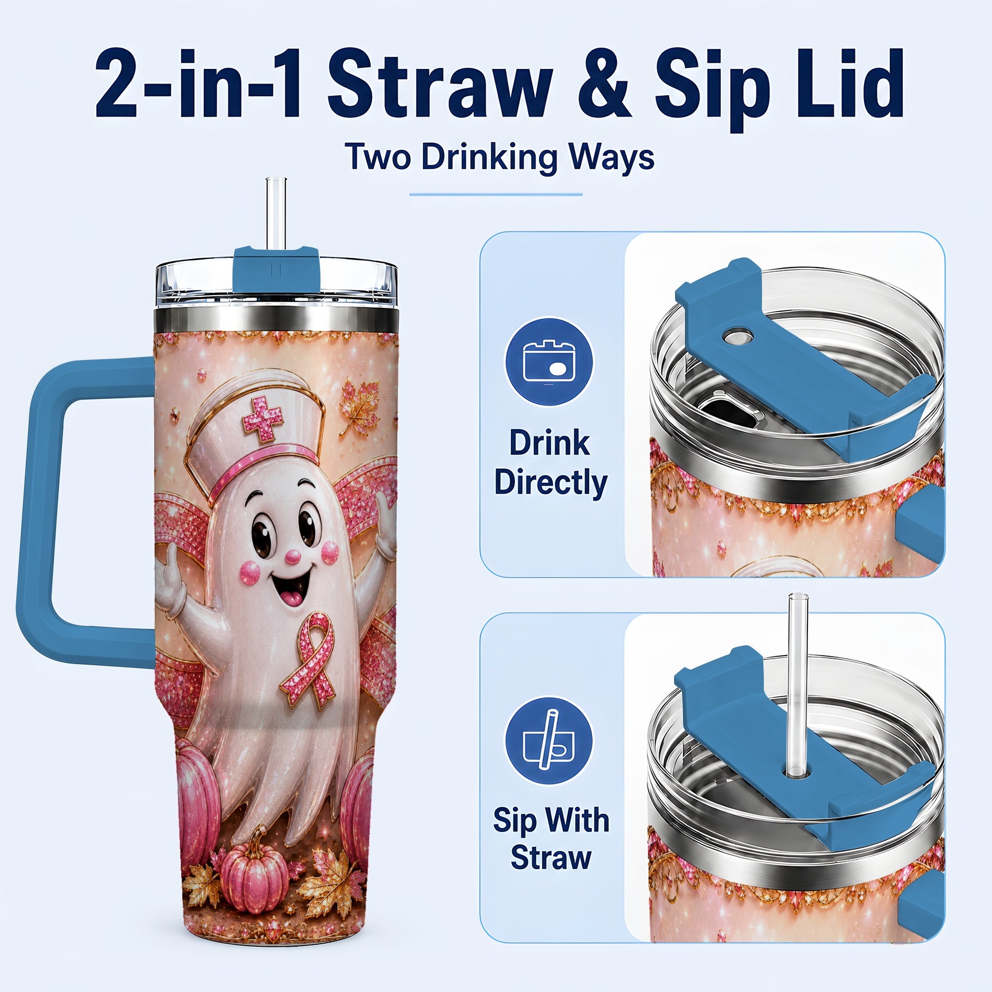 #pl[40oz|Blue] Nurse Ghost 40oz Tumbler with Handle, Ribbon Stainless Steel Travel Cup