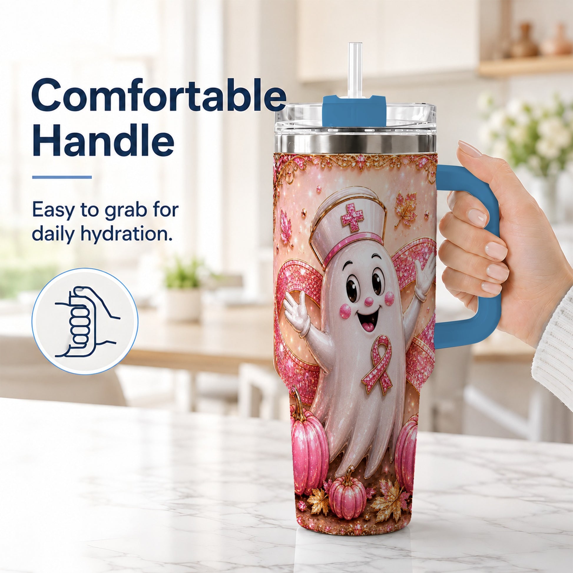 #pl[40oz|Blue] Nurse Ghost 40oz Tumbler with Handle, Ribbon Stainless Steel Travel Cup