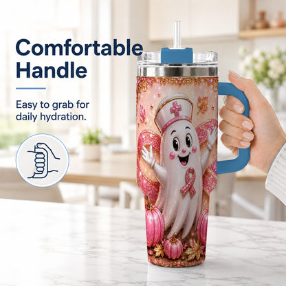 #pl[40oz|Blue] Nurse Ghost 40oz Tumbler with Handle, Ribbon Stainless Steel Travel Cup