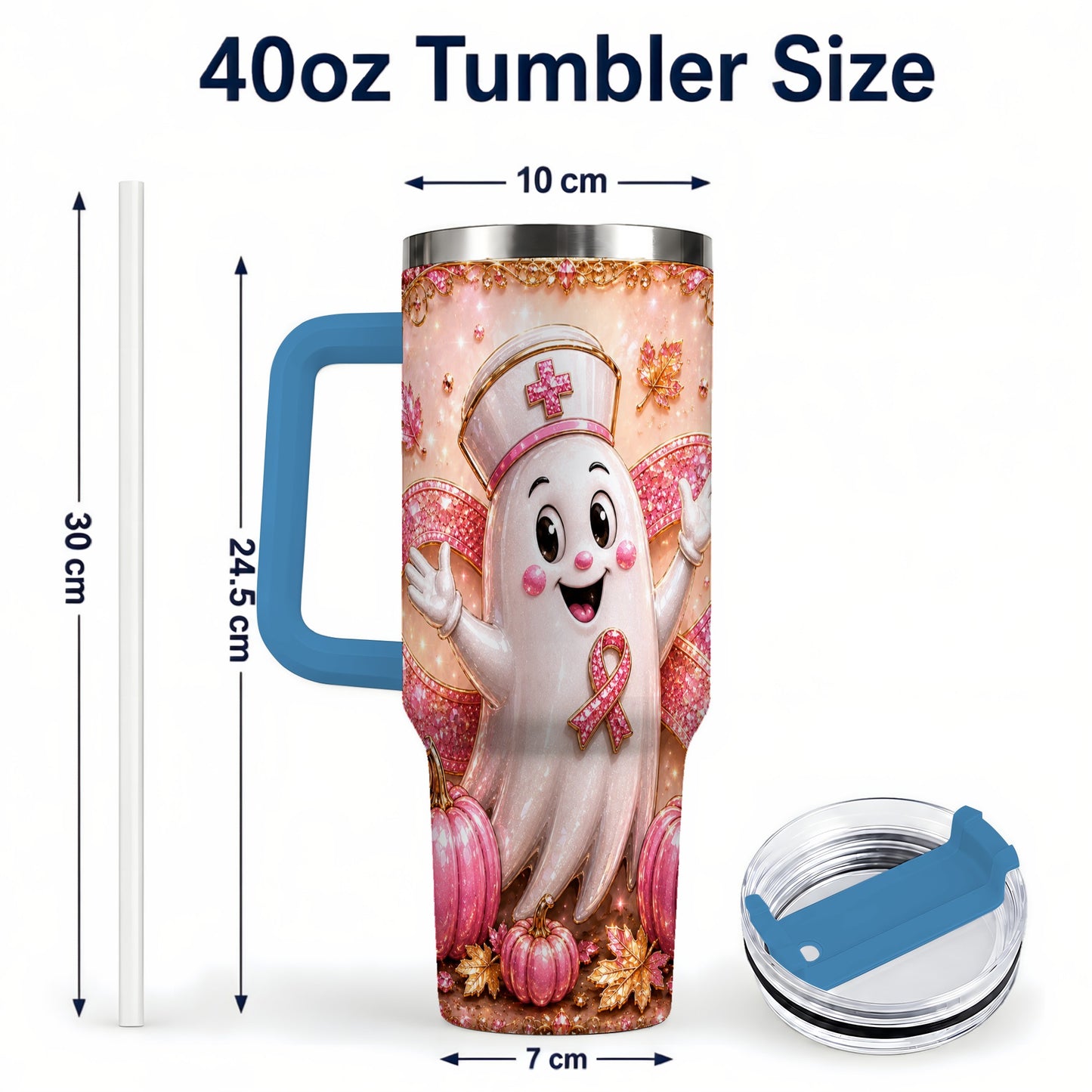 #pl[40oz|Blue] Nurse Ghost 40oz Tumbler with Handle, Ribbon Stainless Steel Travel Cup