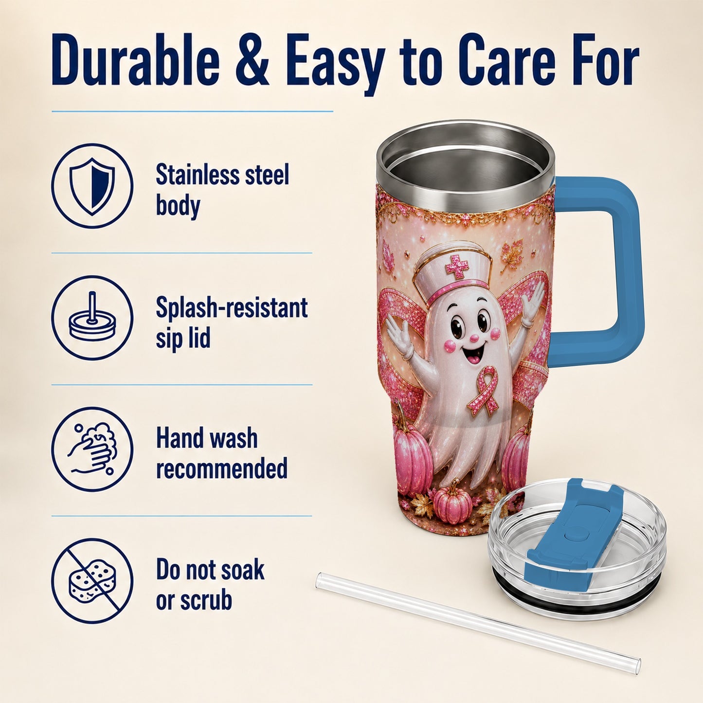 #pl[40oz|Blue] Nurse Ghost 40oz Tumbler with Handle, Ribbon Stainless Steel Travel Cup