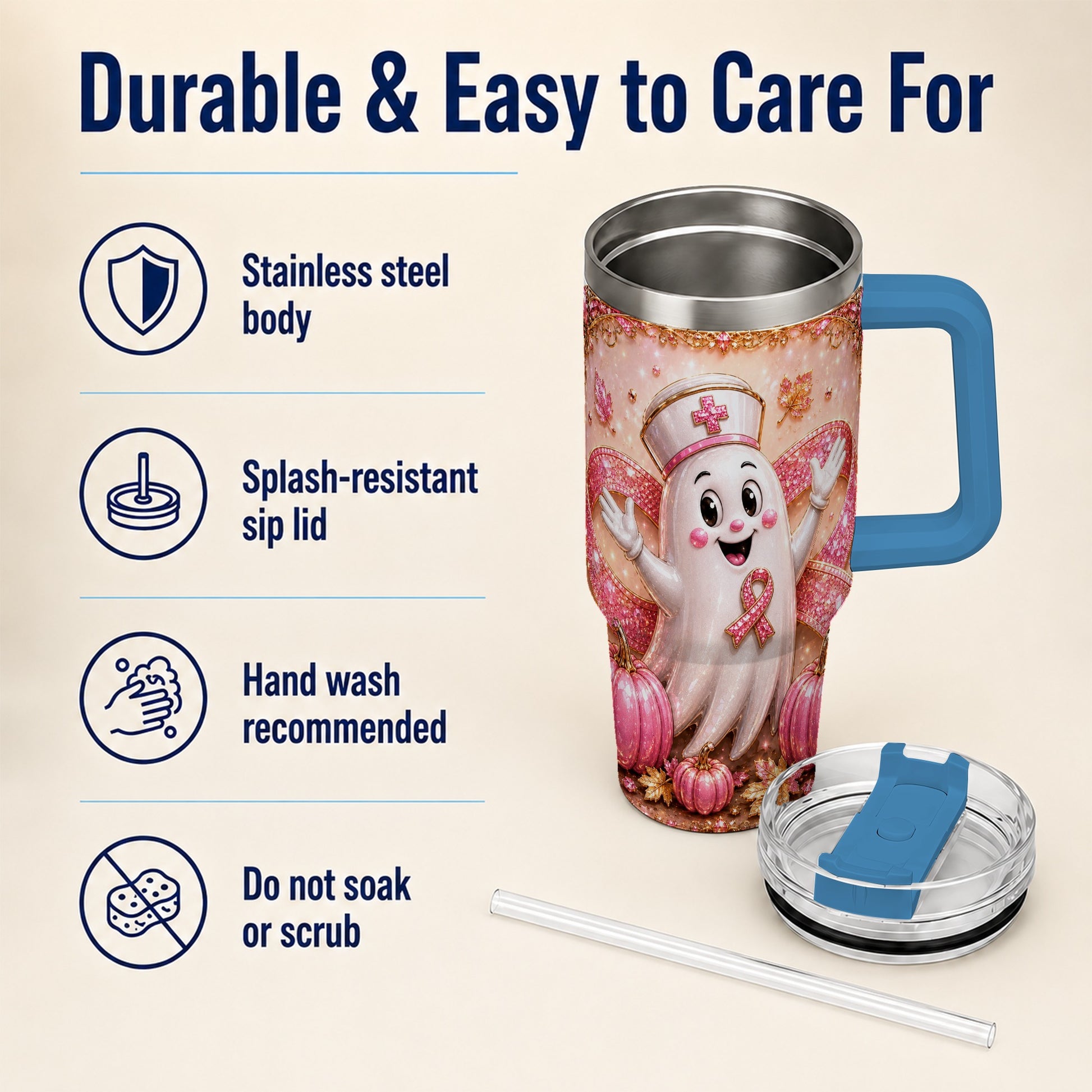 #pl[40oz|Blue] Nurse Ghost 40oz Tumbler with Handle, Ribbon Stainless Steel Travel Cup